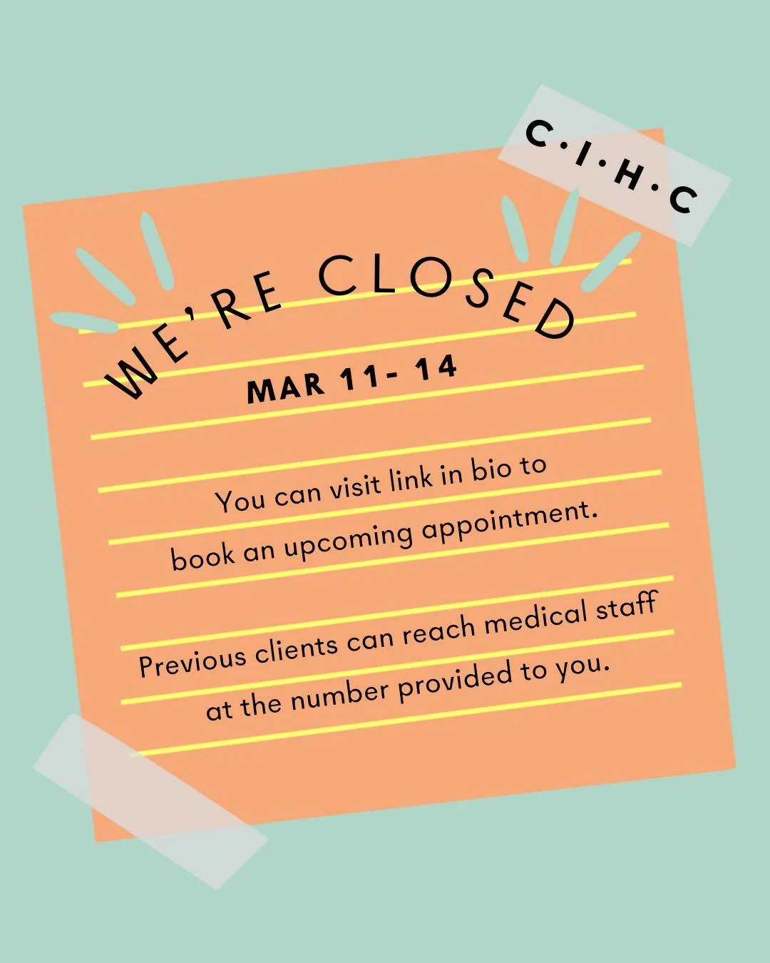 Our clinic will be closed from Mar 11-14th for renovations 🔨

You can call us to book an upcoming appointment at 416-975-9300 or use our online booking system at choiceinhealth.ca. Link in bio.

Image description: Image of an orange piece of paper a