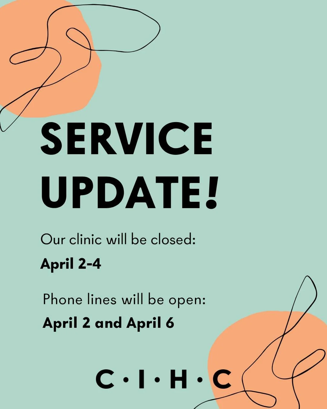 This holiday weekend our clinic will be closed tomorrow April 3 till Saturday April 4th. We will be open again for regular clinic hours on Tuesday April 7th.

Our phone lines will be open on April 2nd, as well as April 6th if you would like to reques