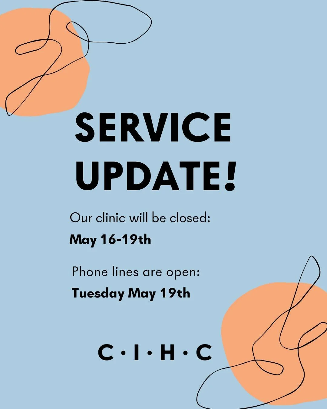 Heads up, this upcoming long weekend our clinic will be closed. 

You can still book an appointment online and please be patient as it may take longer to process appointment requests. We will resume services on Wed May 20th. 

Image Description: Blue