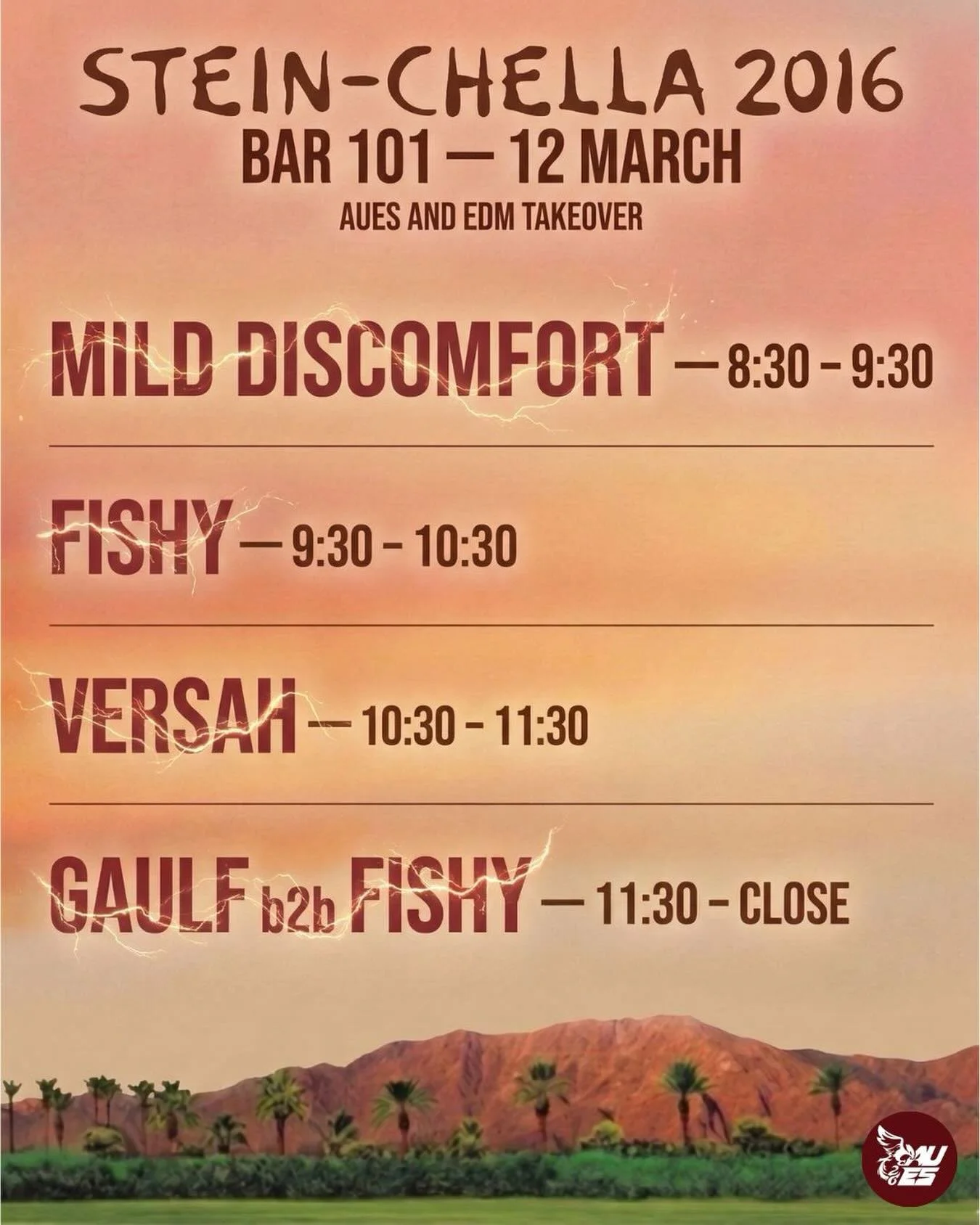 AUES has joined forces with UOA EDM for a massive takeover to bring you STEIN-CHELLA 2016. We&rsquo;re combining forces to deliver a mental lineup and pure electric energy.

🗓️ 12 March | 📍 Bar 101, Downstairs
⚡️ Sets start at 8:30 PM. Don&rsquo;t 