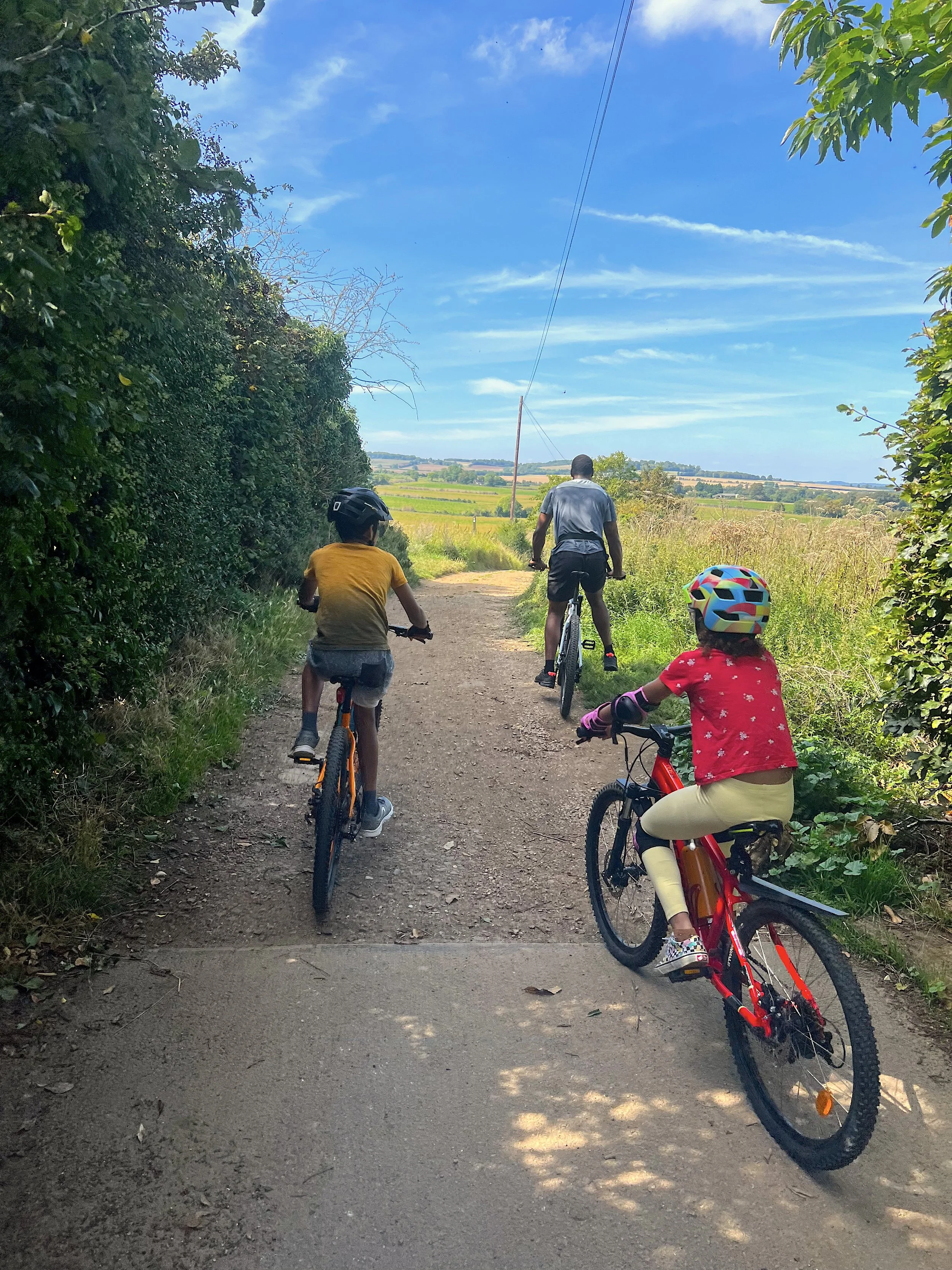 A group of children and an adult riding bicycles along a dirt trail. The trail is bordered by green bushes and trees, with a rural landscape in the background under a blue sky with some clouds.