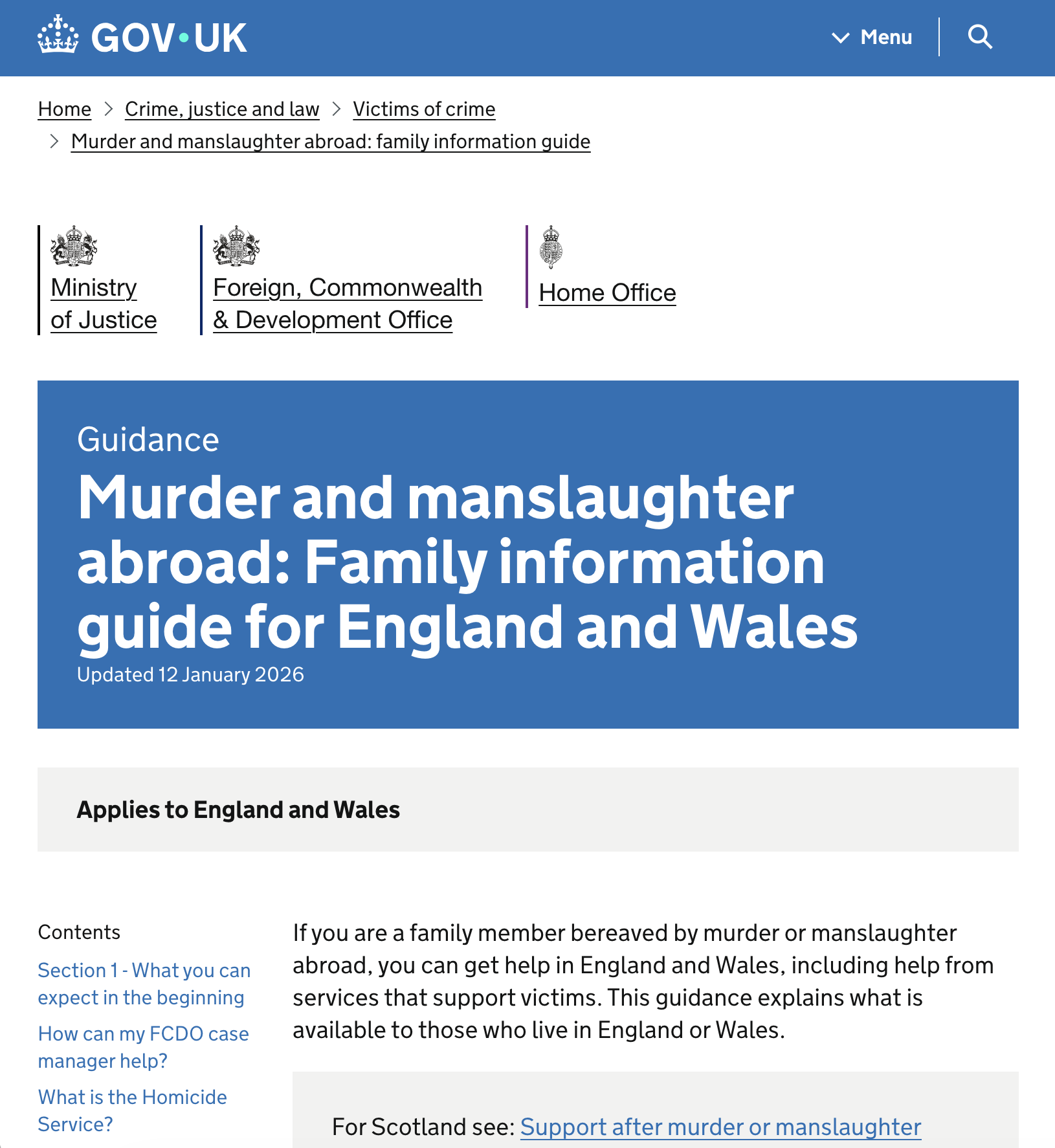 Ministry of Justice plain English guide for bereaved families