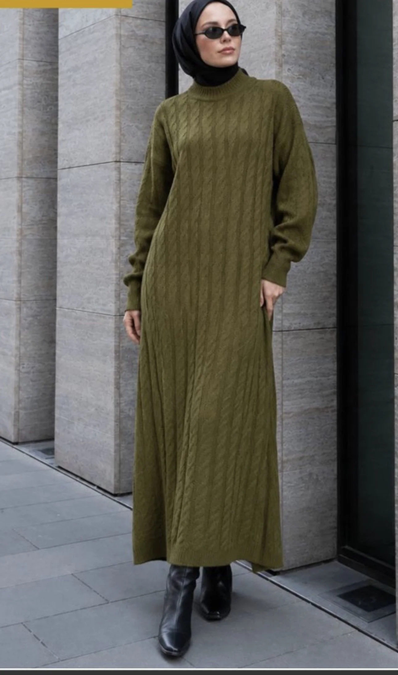 Olive Cable-Knit Sweater Dress