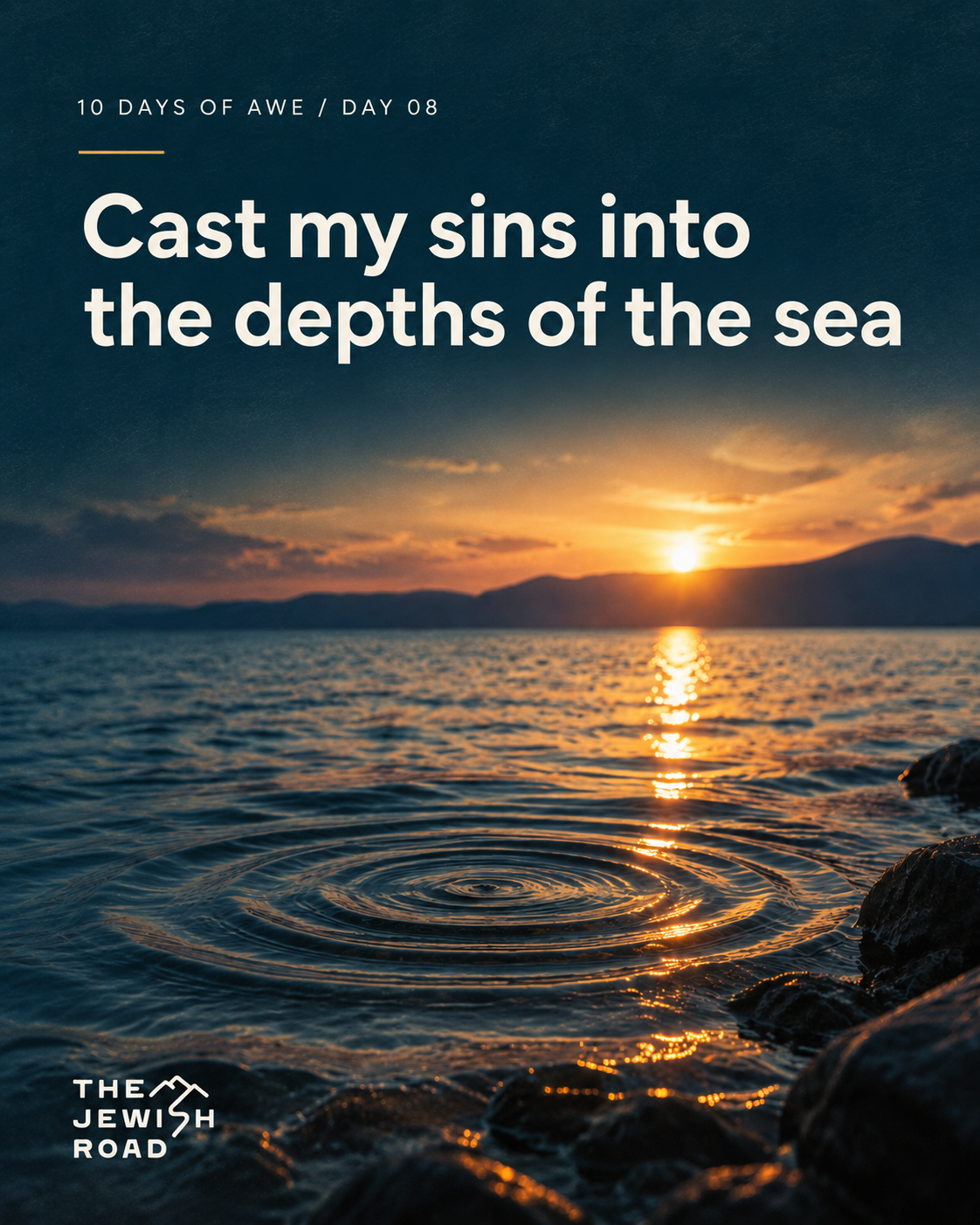 An underwater scene with clear blue water and sunlight reflections; text overlay about Day 8 of a religious reflection series, mentioning casting sins into the sea.
