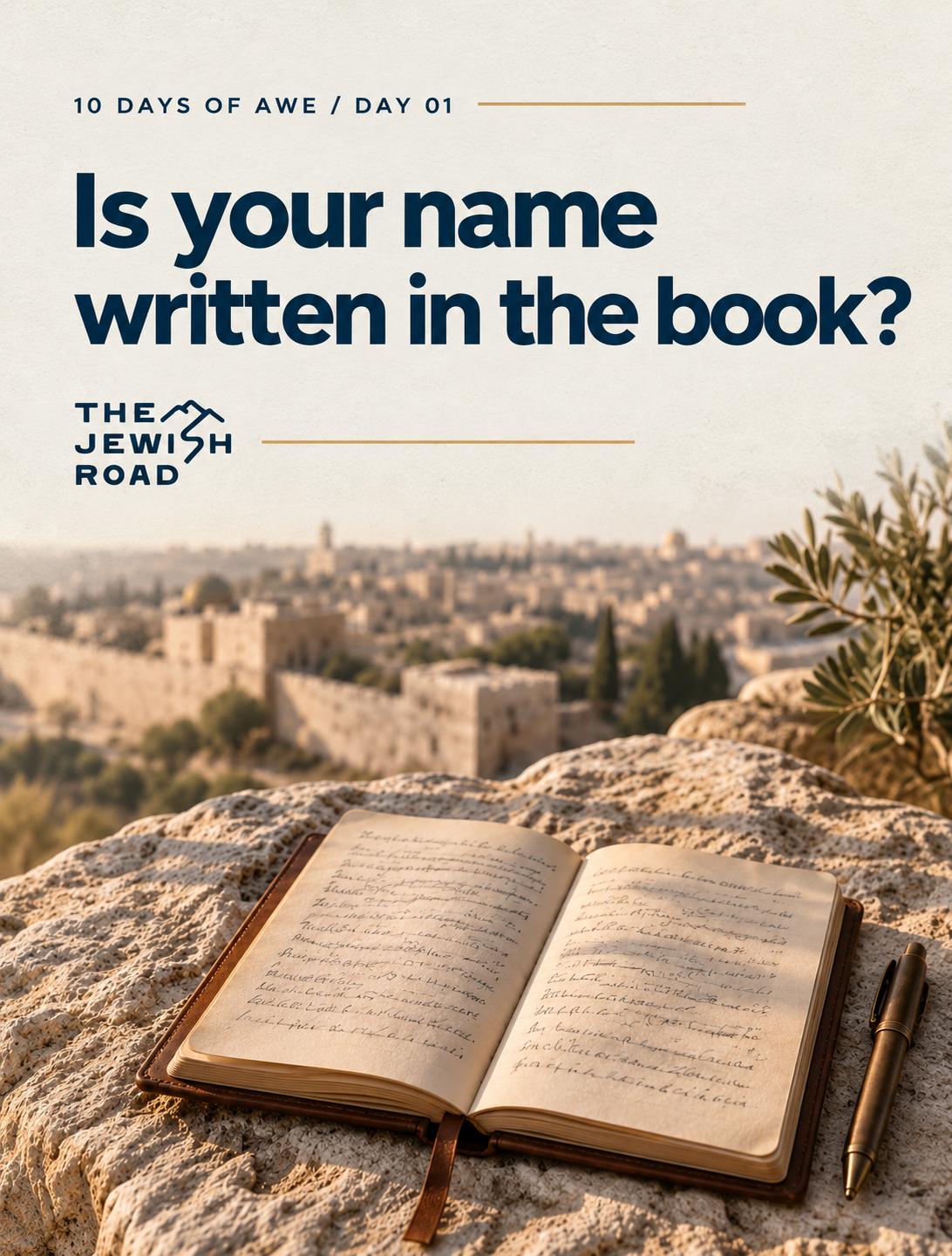 Open book with text overlay promoting a religious activity: "Day 1: Is your name written in the book?" and a themed header about the Jewish High Holy Days, with decorative dotted lines and a logo for The Jewish Road.