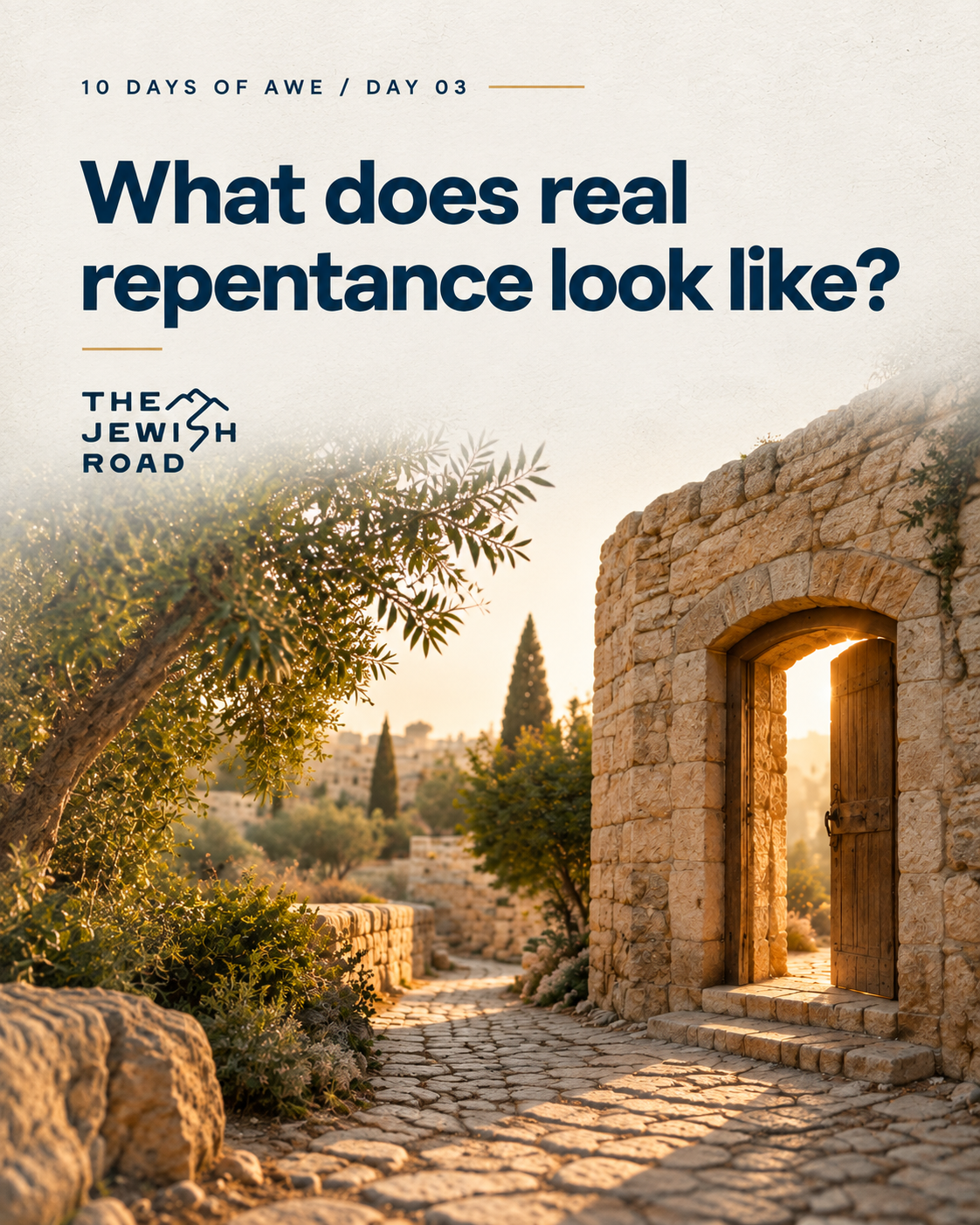 A person praying with hands clasped together, with text overlay about the Jewish High Holy Days and repentance, and a logo at the bottom right reading 'The Jewish Road'.