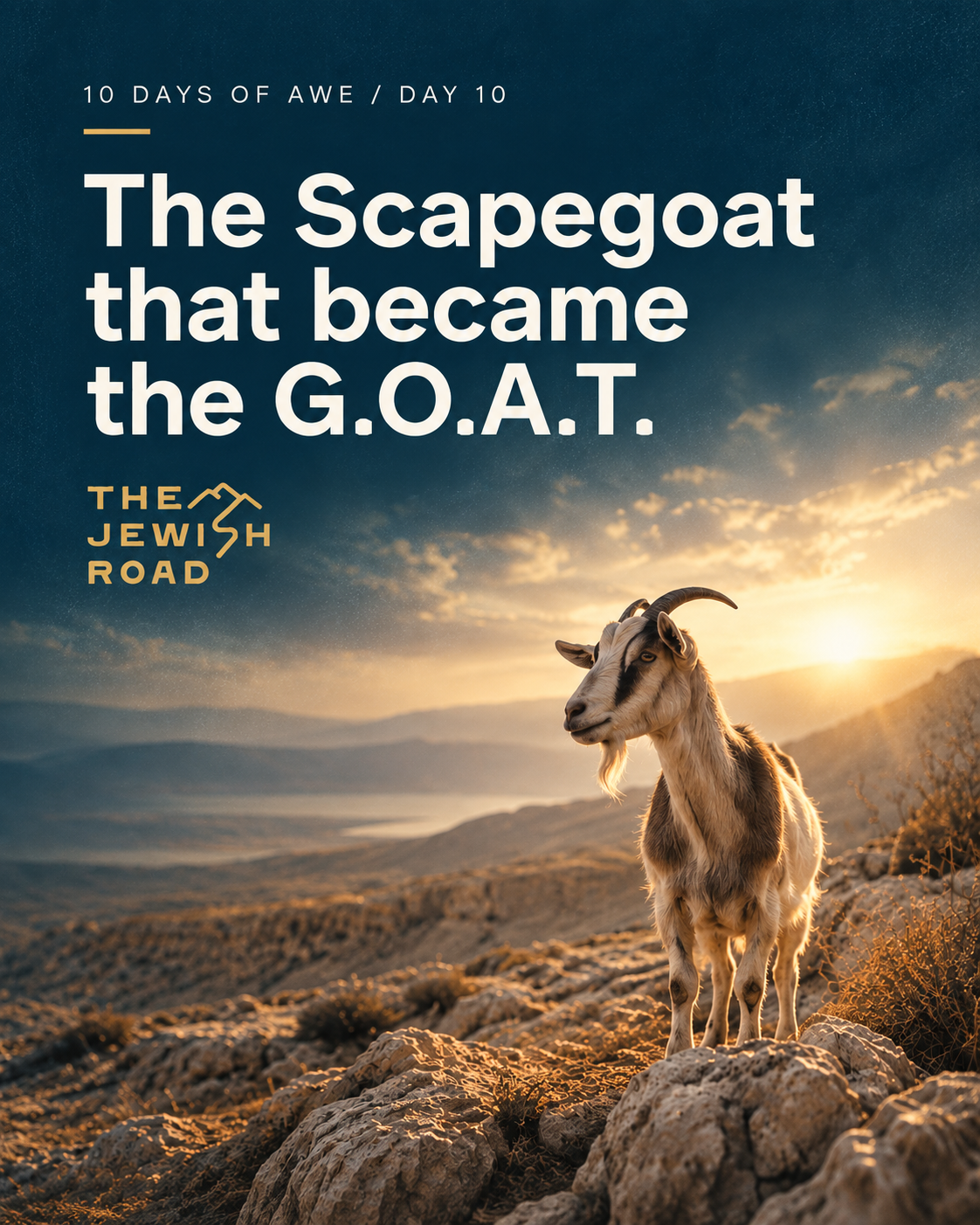 A goat on rocky terrain with overlaid text that reads 'Day 10: The Scapegoat became the G.O.A.T.' and a logo for The Jewish Road.