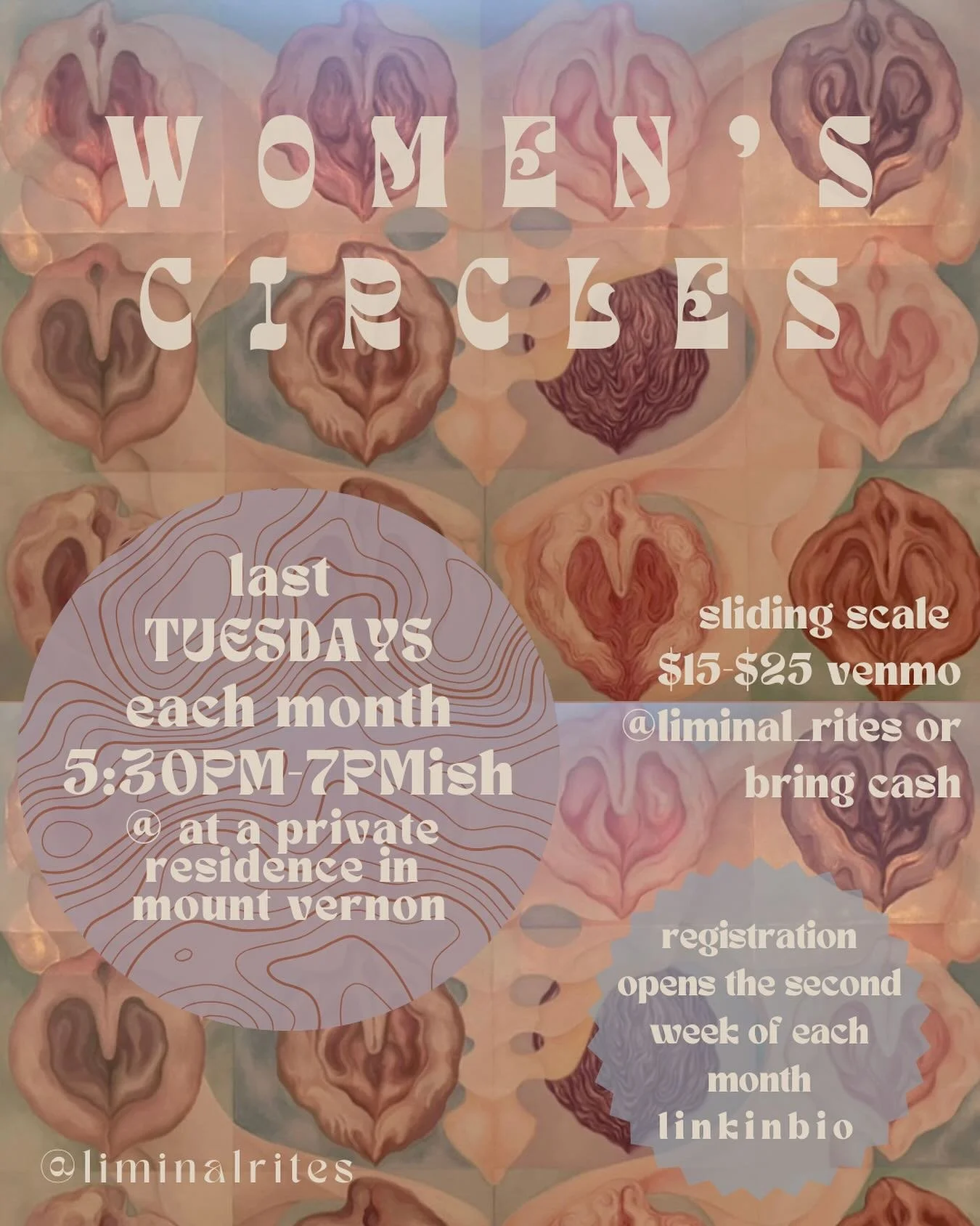 Hey Loves, 

Go ahead and mark those calendars for the rest of the year&mdash;circle meets on the last Tuesday of every month! Thanks for being patient and consistent as I took my time committing to this rhythm. 

These monthly ceremonies are an oppo