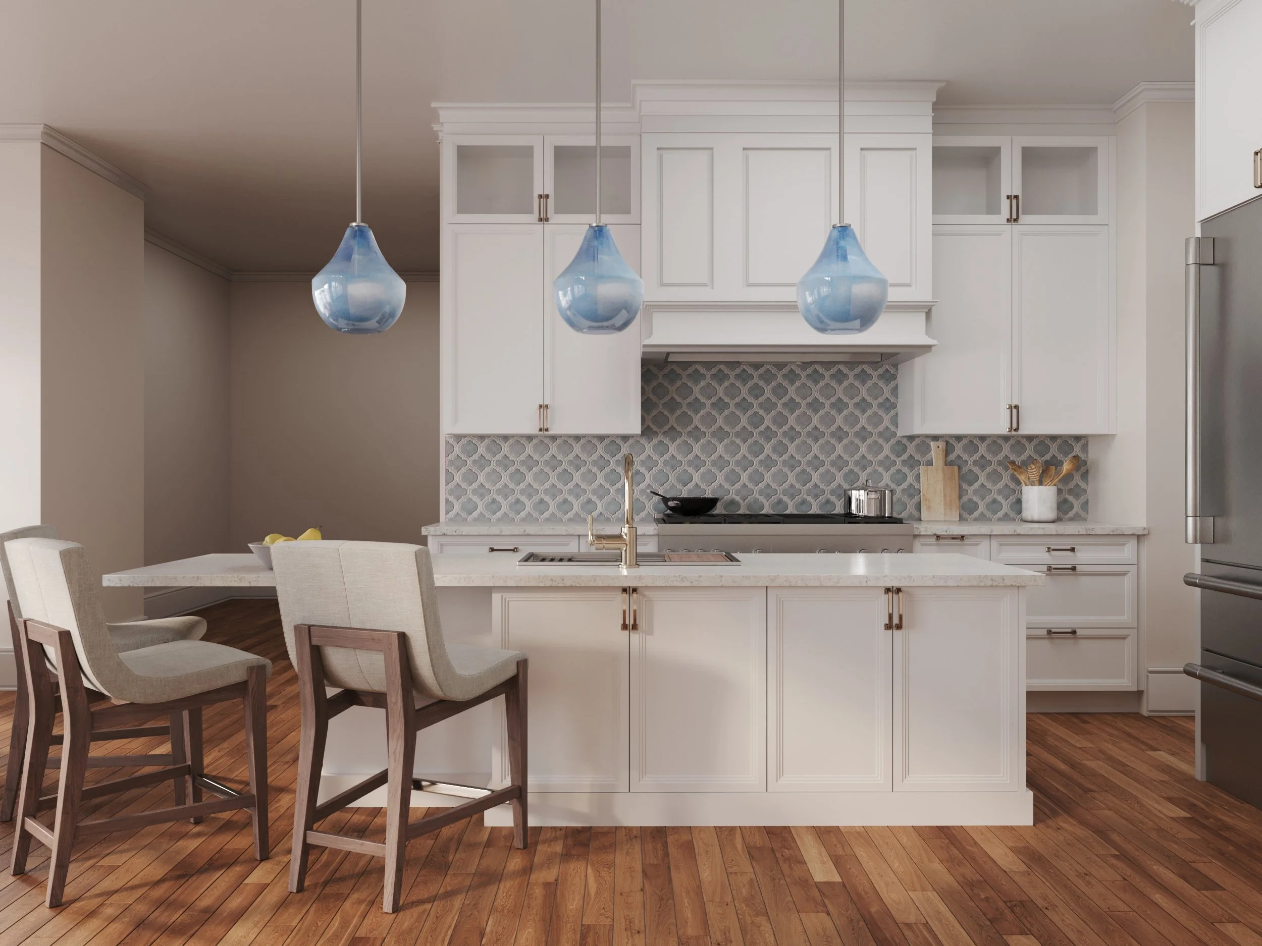 Kitchen with white cabinets, gray patterned backsplash, kitchen island with chairs, three blue pendant lights, and hardwood flooring.