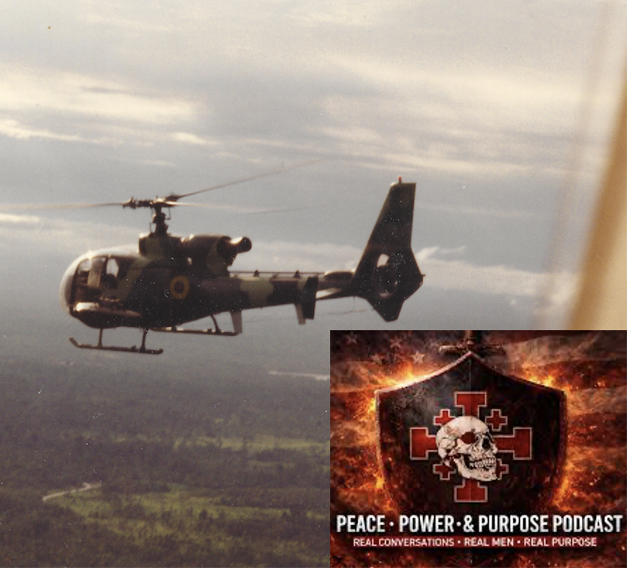 Image of Gazelle attack helicopter flown by SOF pilot John Alvarez in Ecuador with Peace Power & Purpose logo superimposed in bottom right corner
