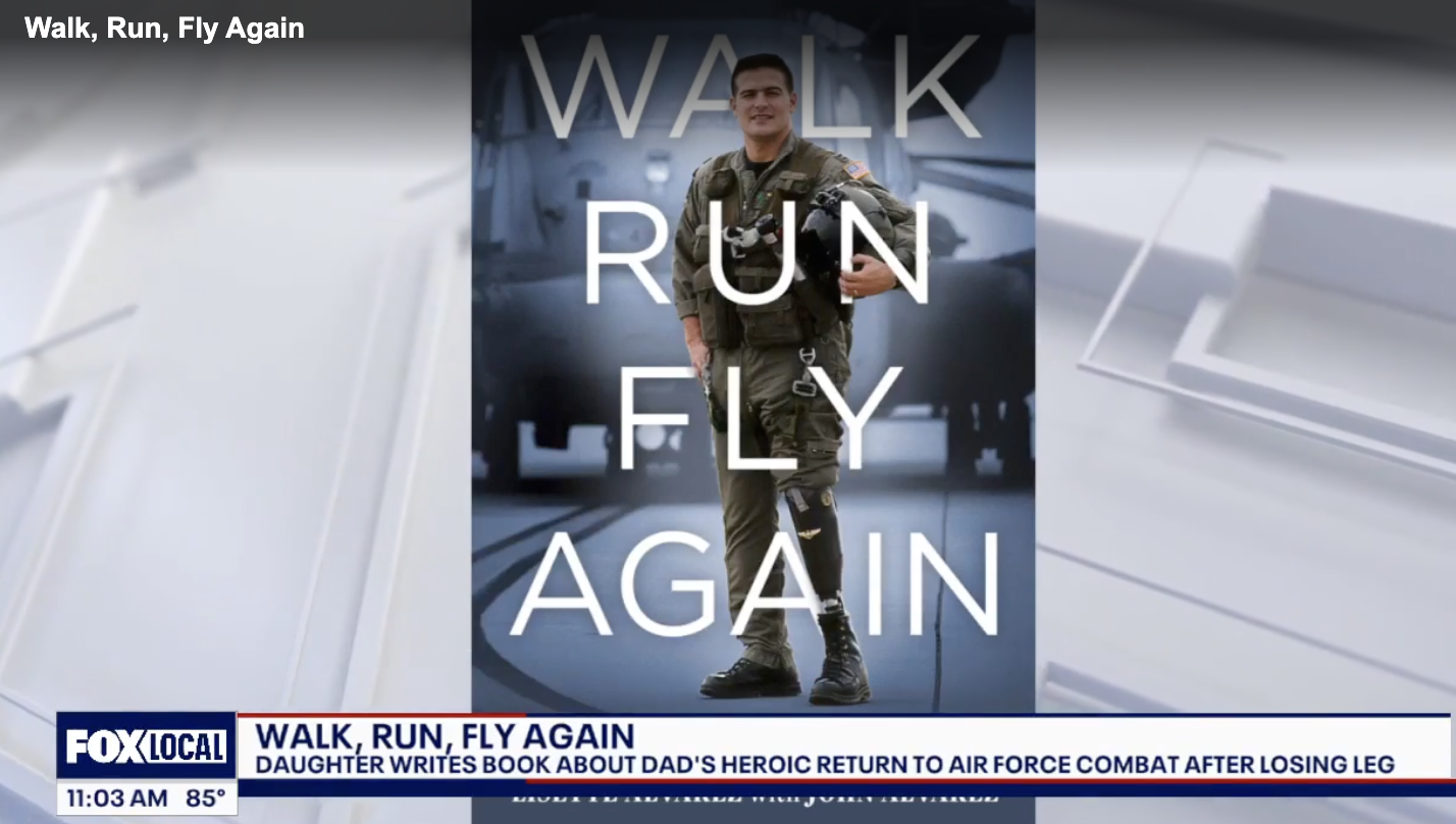 FOXLocal logo with Book cover of Walk, Run, Fly Again with historic image of Special Ops pilot John Alvarez in front of his helicopter with his his legendary prosthetic keg
