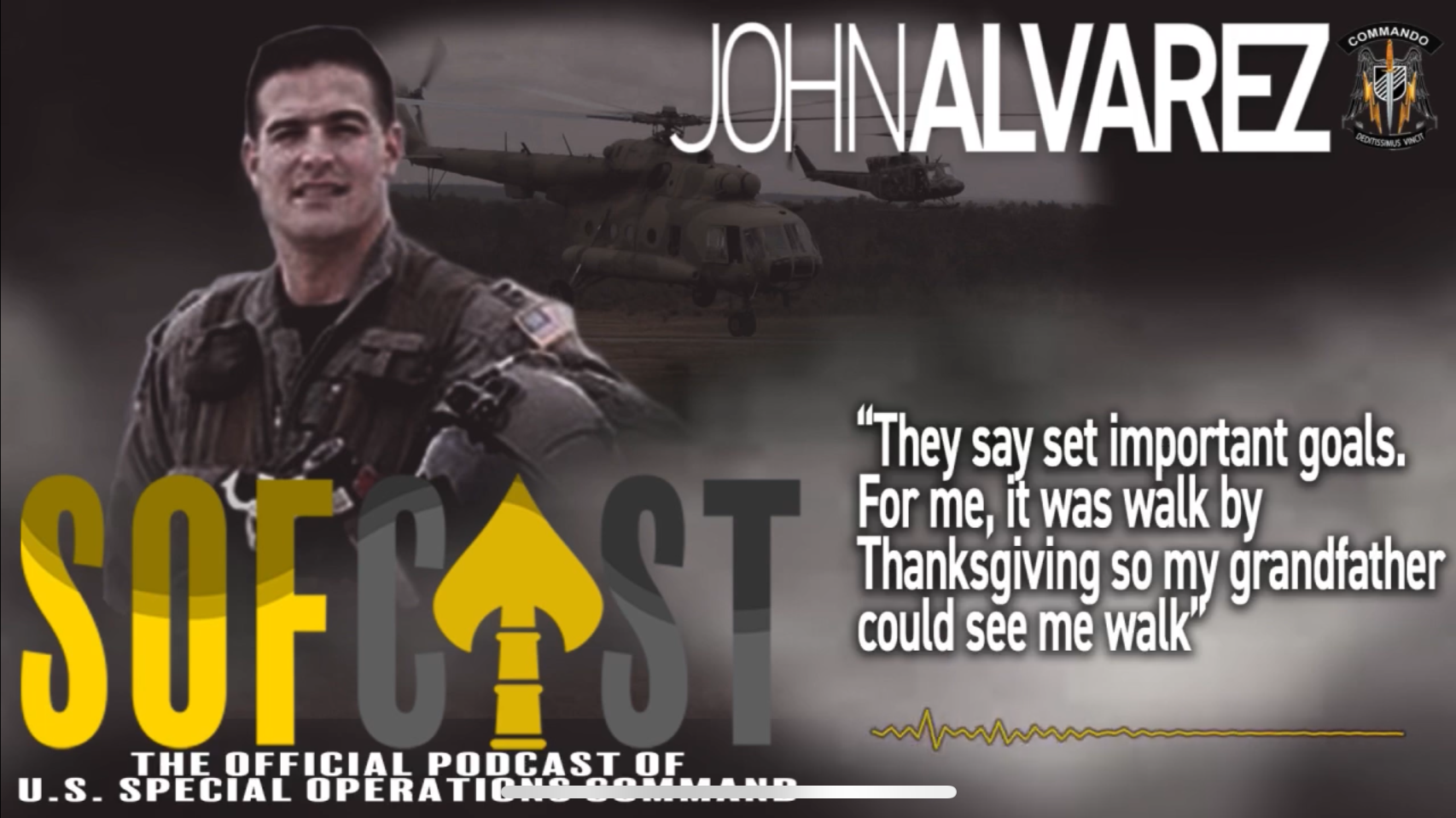 John Alvarez pictured with SOF helicopters in the backgroundjoined USSOCOM’s SOFcast to discuss special operations aviation, the 1996 helicopter crash in Ecuador, recovery after amputation, and his historic return to full combat flying status.
