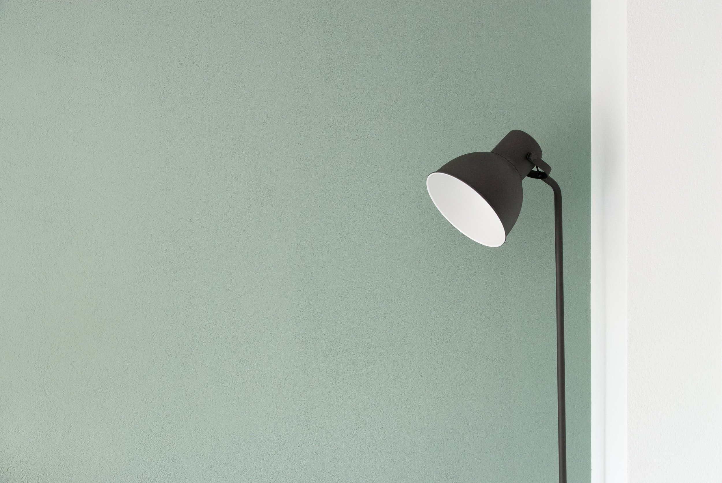 Freestanding lamp against green wall.