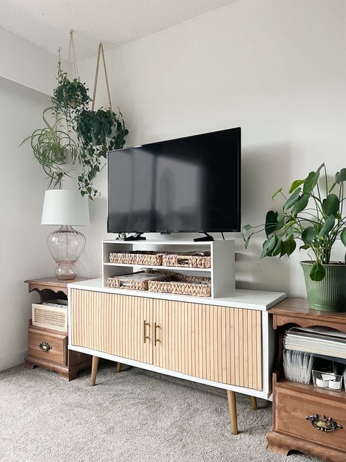 Easy DIY Media Unit Doors Using IKEA Rodeby Armrest Trays — Design by Caitie