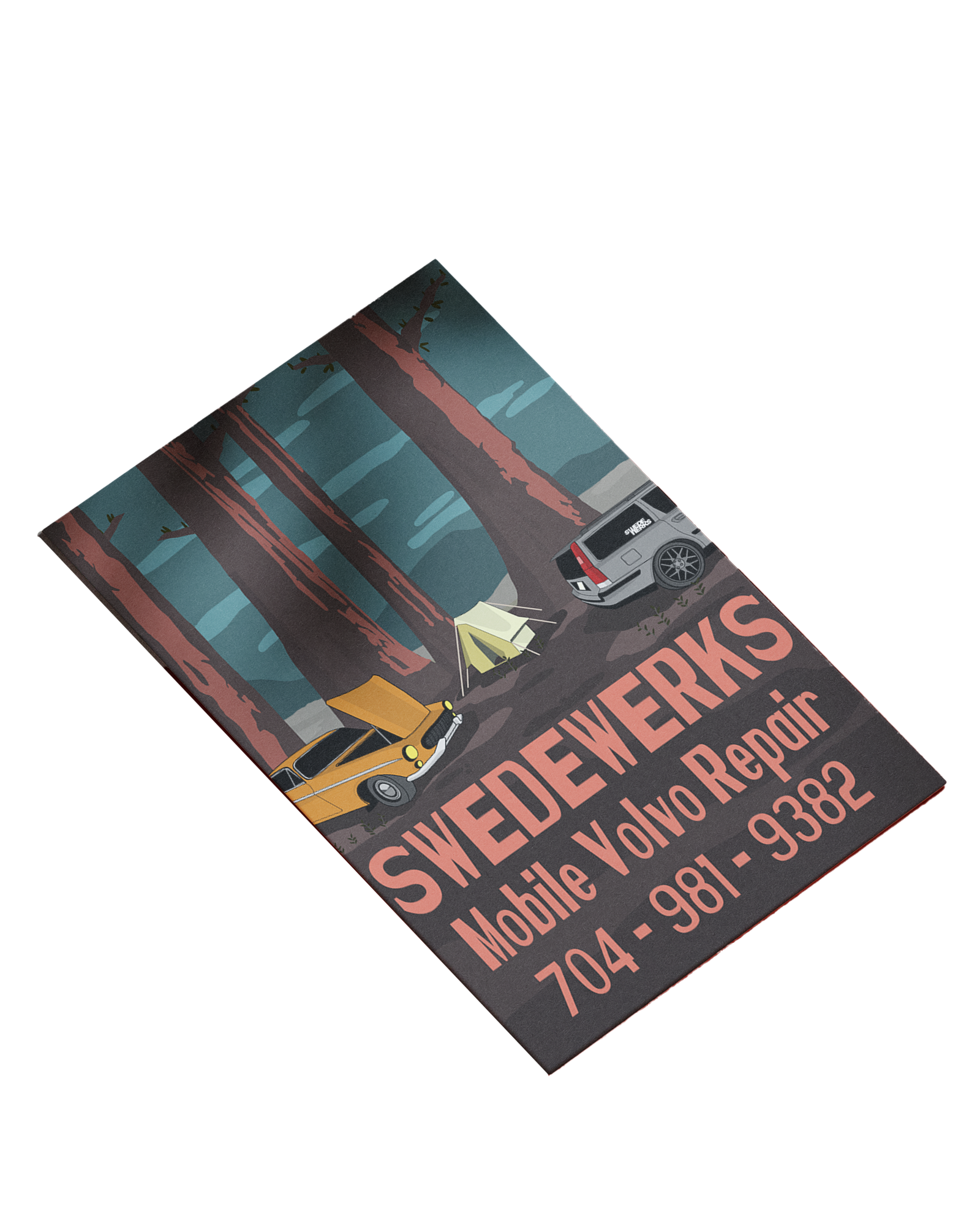 Flyer for Swedewerks Mobile Volvo Repair featuring cartoon cars and a forest setting with contact number 704-981-9382.