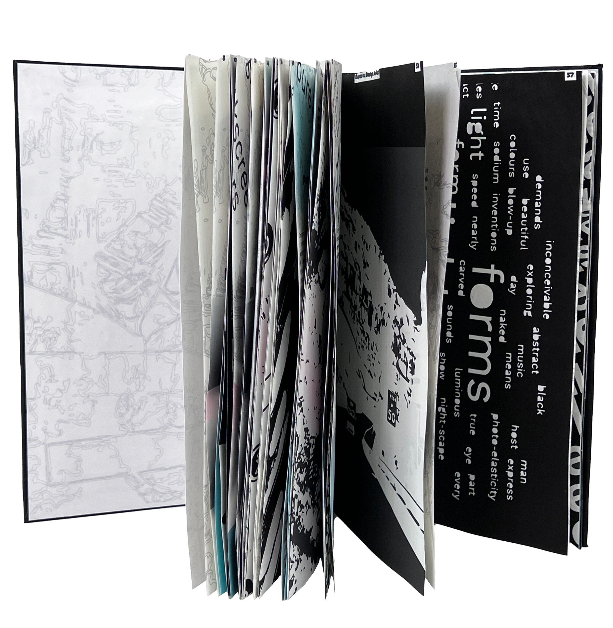 Open book with abstract and graphic text pages, featuring words such as 'forms', 'inconceivable', and 'light' in black and white designs.