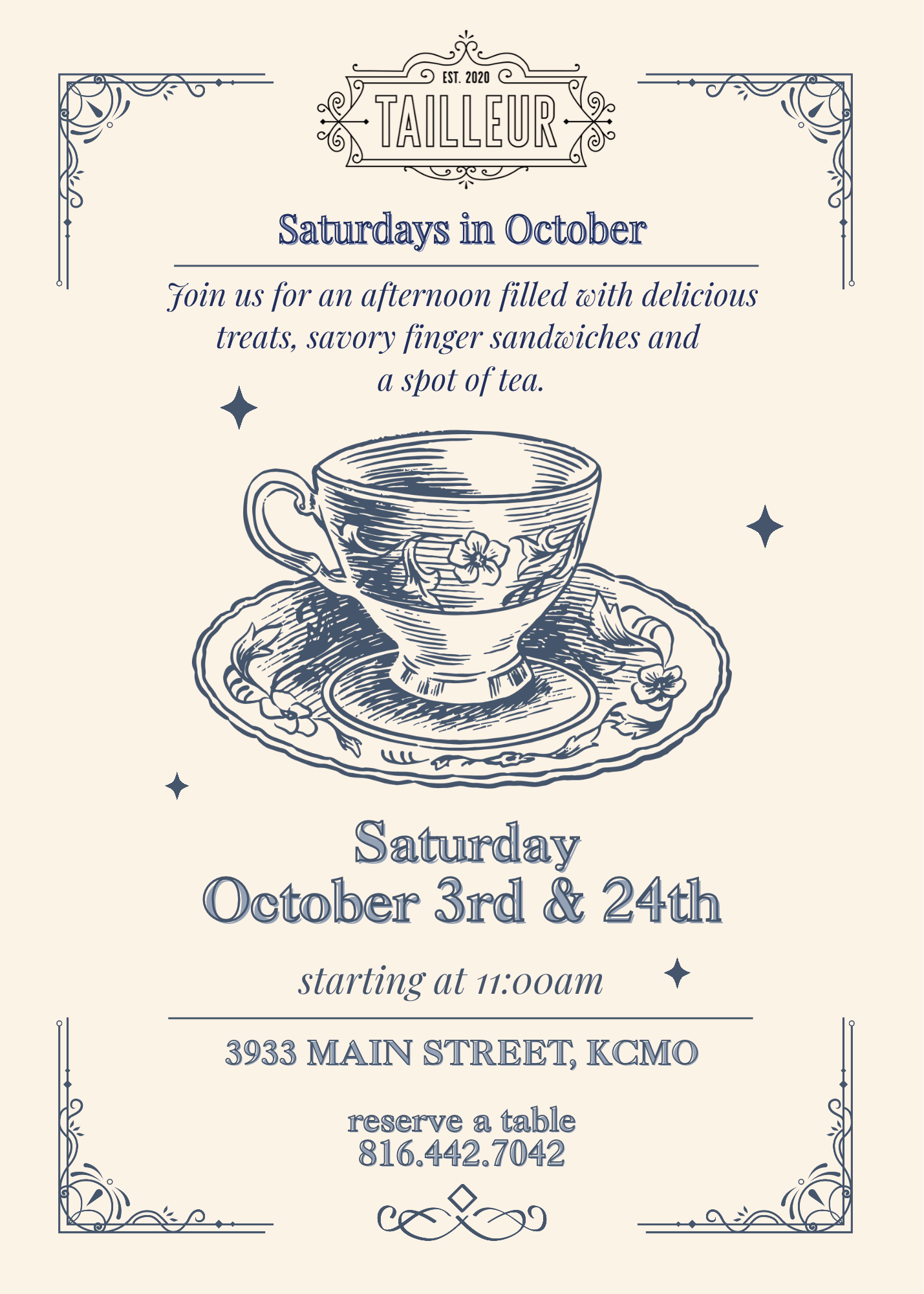Event flyer for a tailoring workshop happening on Saturdays in October. Features decorative borders, a detailed drawing of a teacup on a tray, and text indicating dates, start time, location at 3933 Main Street, and a contact number.