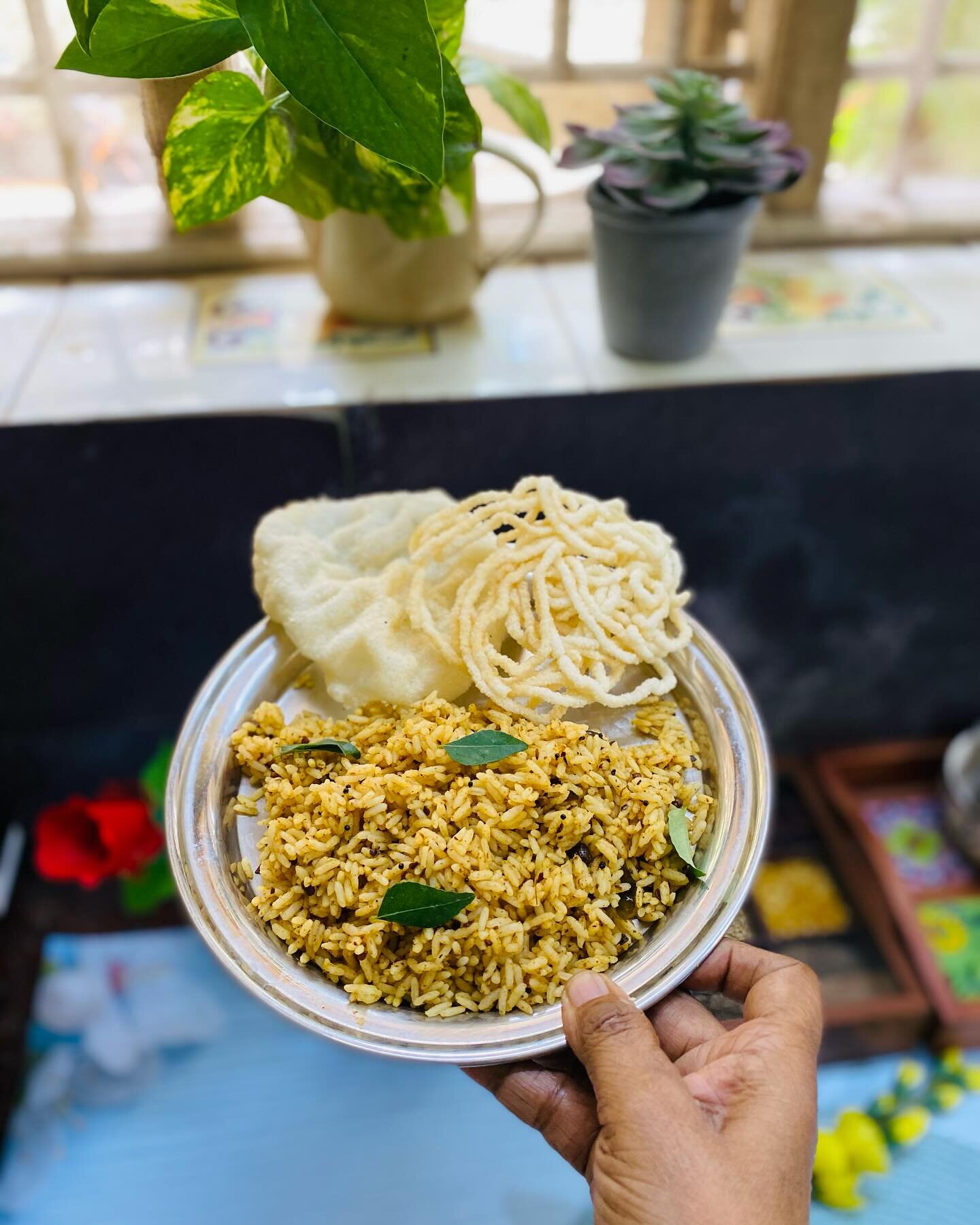 My lunch was just Puliyodharai 😋with home made Vathal . Cooked elaborate lunch for hubby but I was contented with puliyodharai as an excuse to test these vathals 😁completed in phases few rice vathal projects . Used only rice flour and spices . Ran 