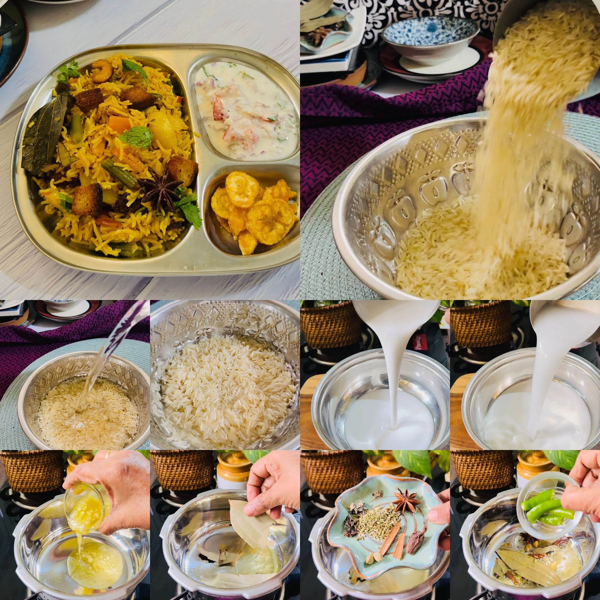 South Indian Brinji rice garnished with fried onions and mint in a steel pot