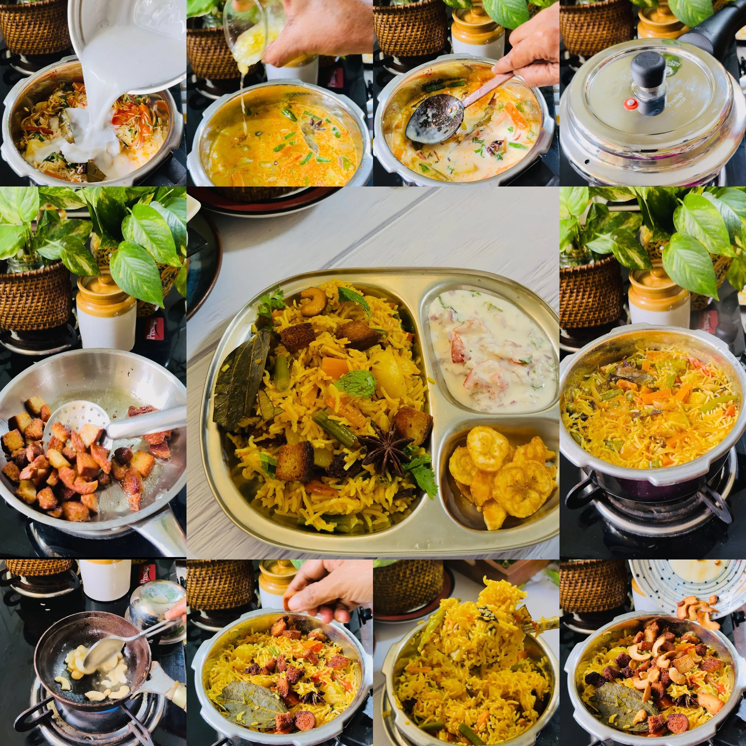 South Indian Brinji rice garnished with fried onions and mint in a steel pot