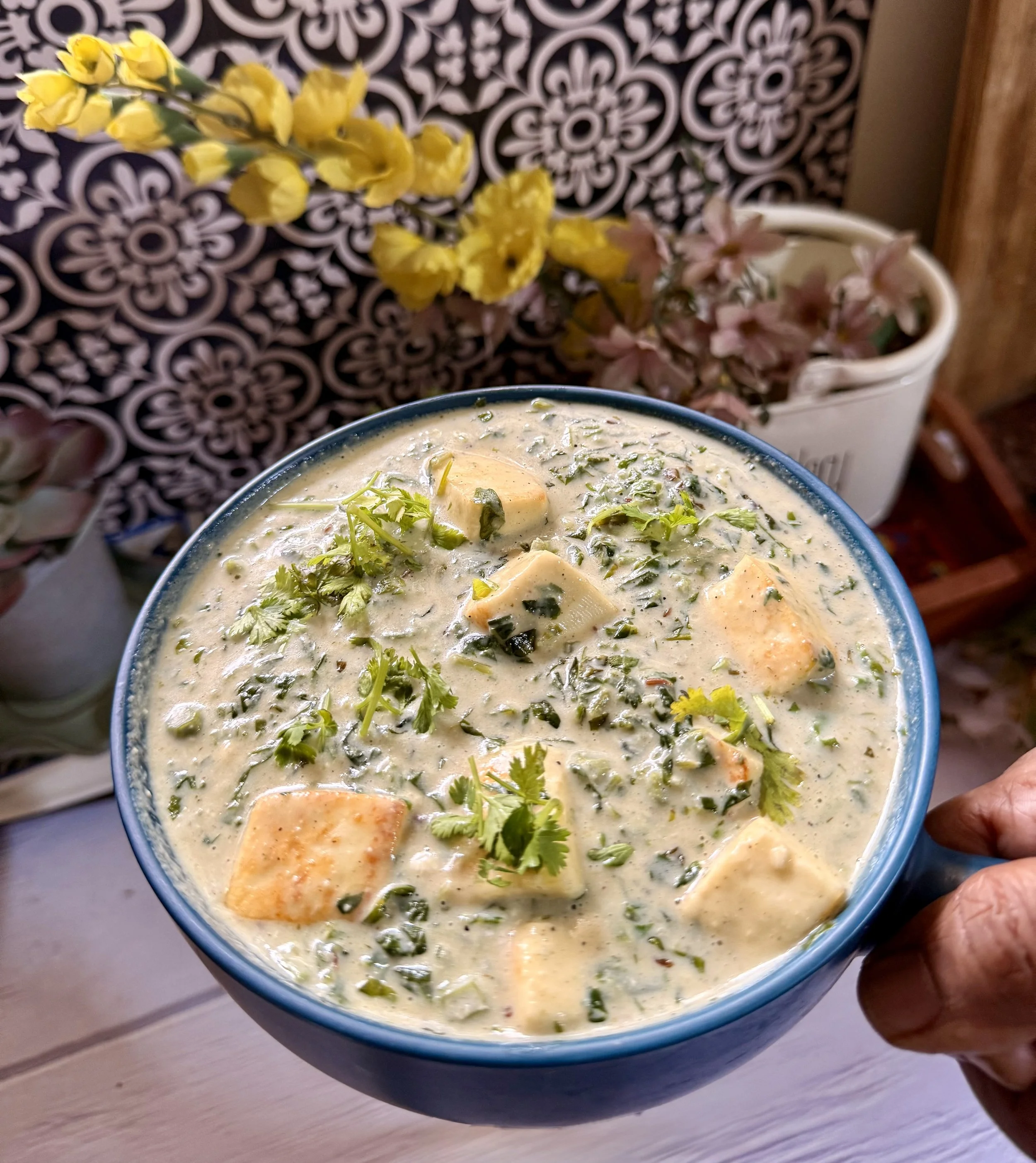 bowl of creamy methi matar paneer