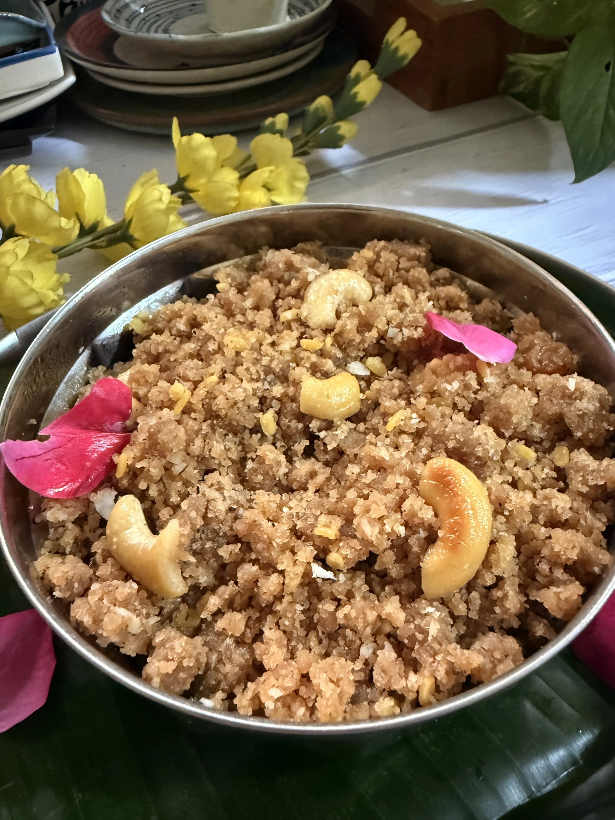 fluffy thiruvadirai kali served on a plantain leaf