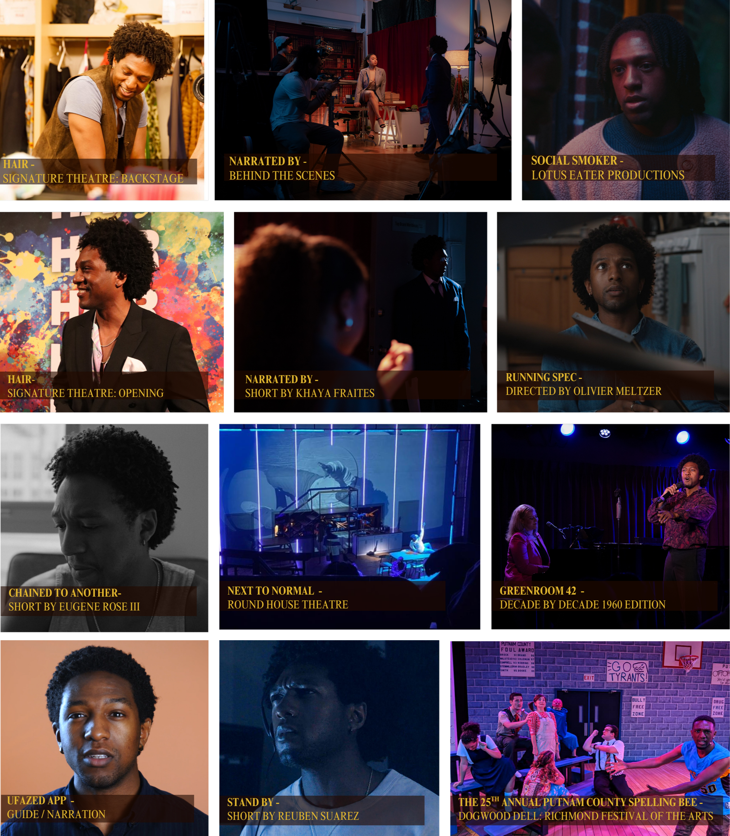 Collage of scenes from a theatrical event, including backstage moments, stage performances, and interviews with performers. Overlay text mentions various productions, narrations, and guides related to the event.