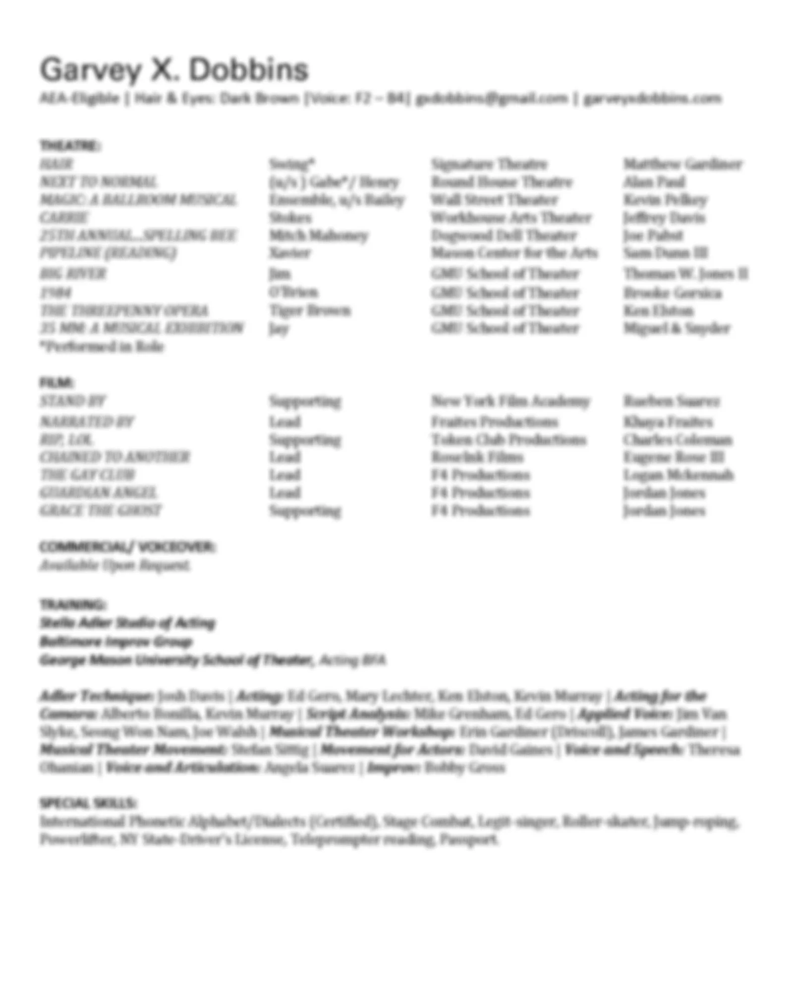 A blurry document with the name Garvey X. Dobbins and various sections of text, including headers and lists, but specific details are unclear.