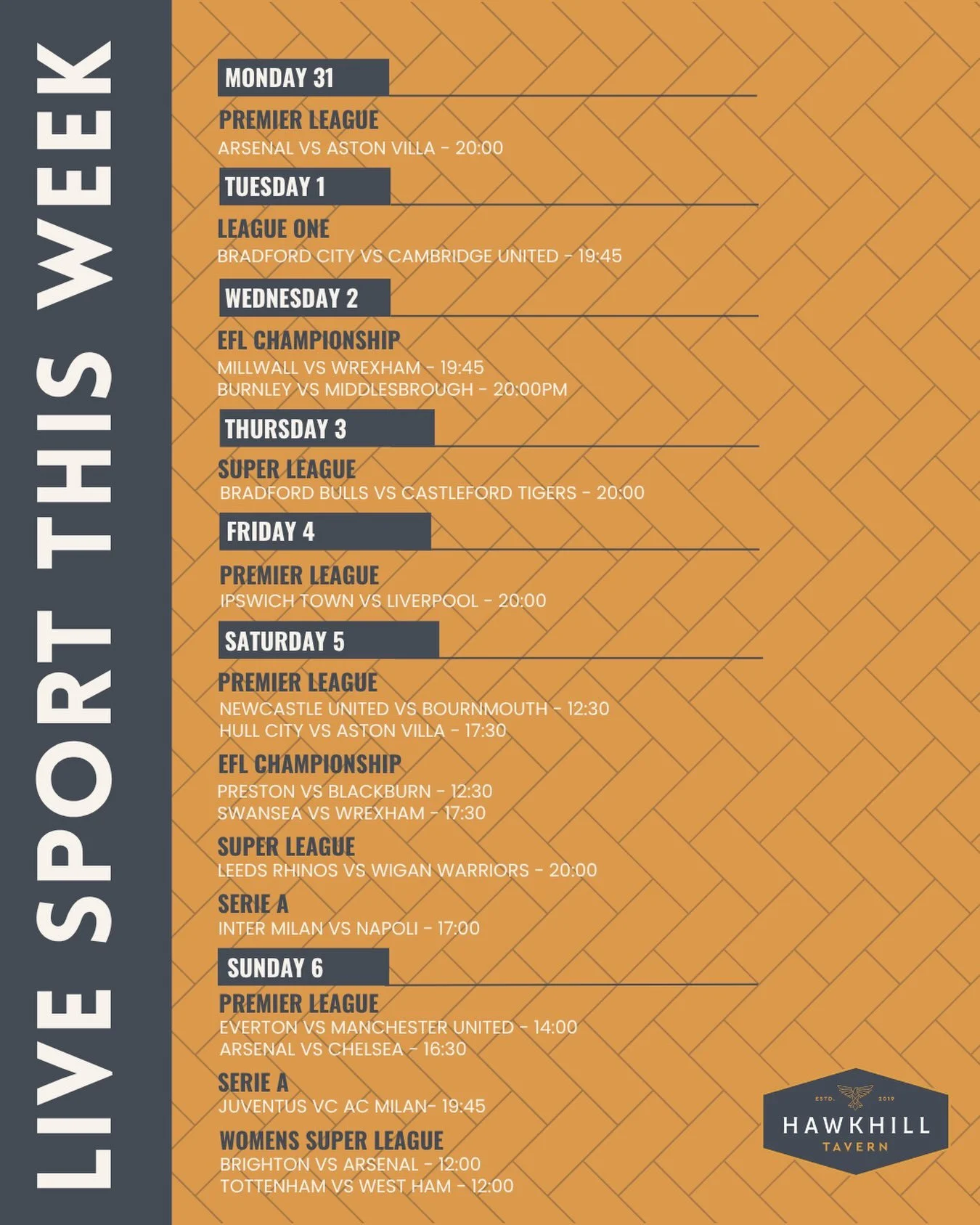 Hope there aren&rsquo;t many sore heads this morning! 😅🍻

Your weekly round up of sport is here! ⚽️🏉 From Premier League to Super League, there&rsquo;s plenty to get stuck into! 

See a fixture you don&rsquo;t want to miss?! Get your spot secured 
