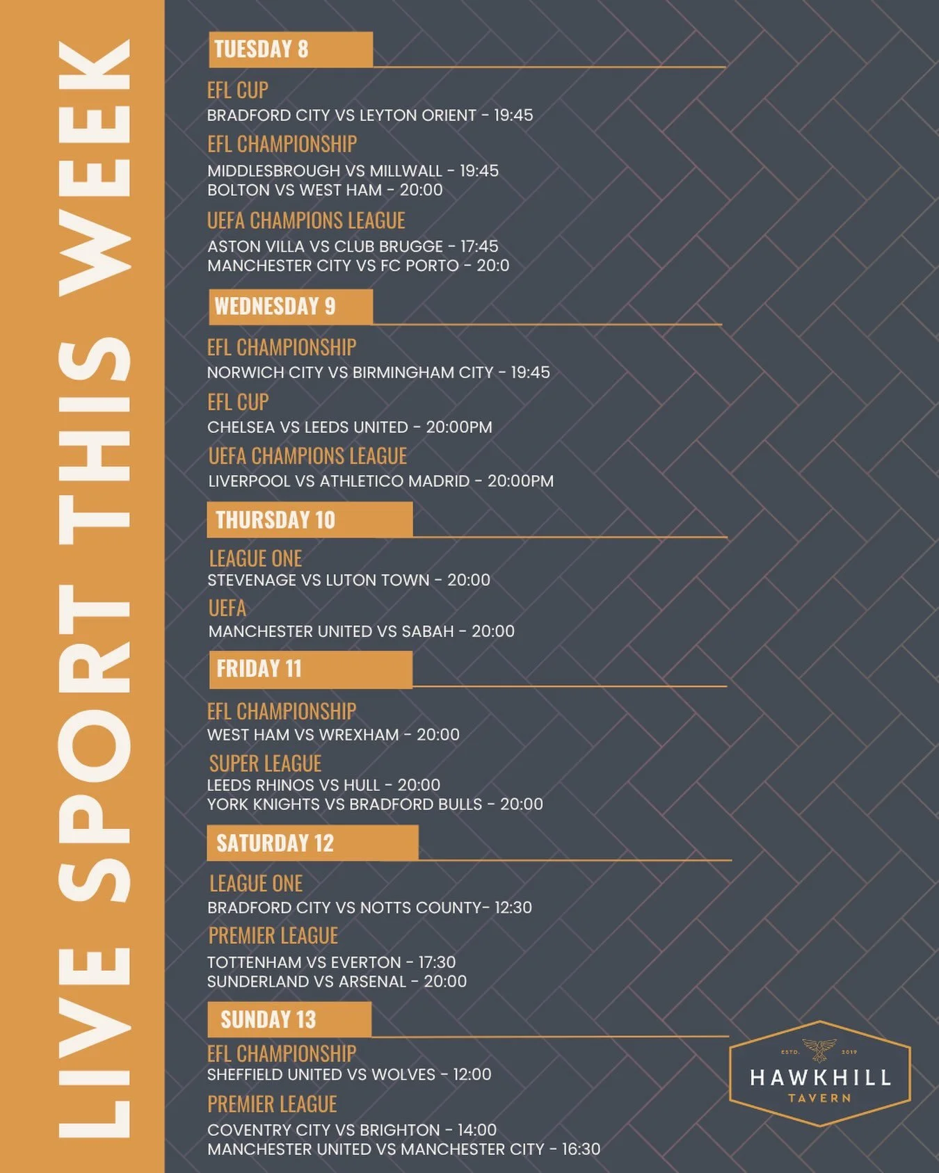 A big week of sport is coming your way! 🔥

From the Manchester derby to Champions League action, Premier League fixtures, Super League and plenty of EFL football, there&rsquo;s something on the screens all week long ⚽️🏆

So grab the gang, find a sp