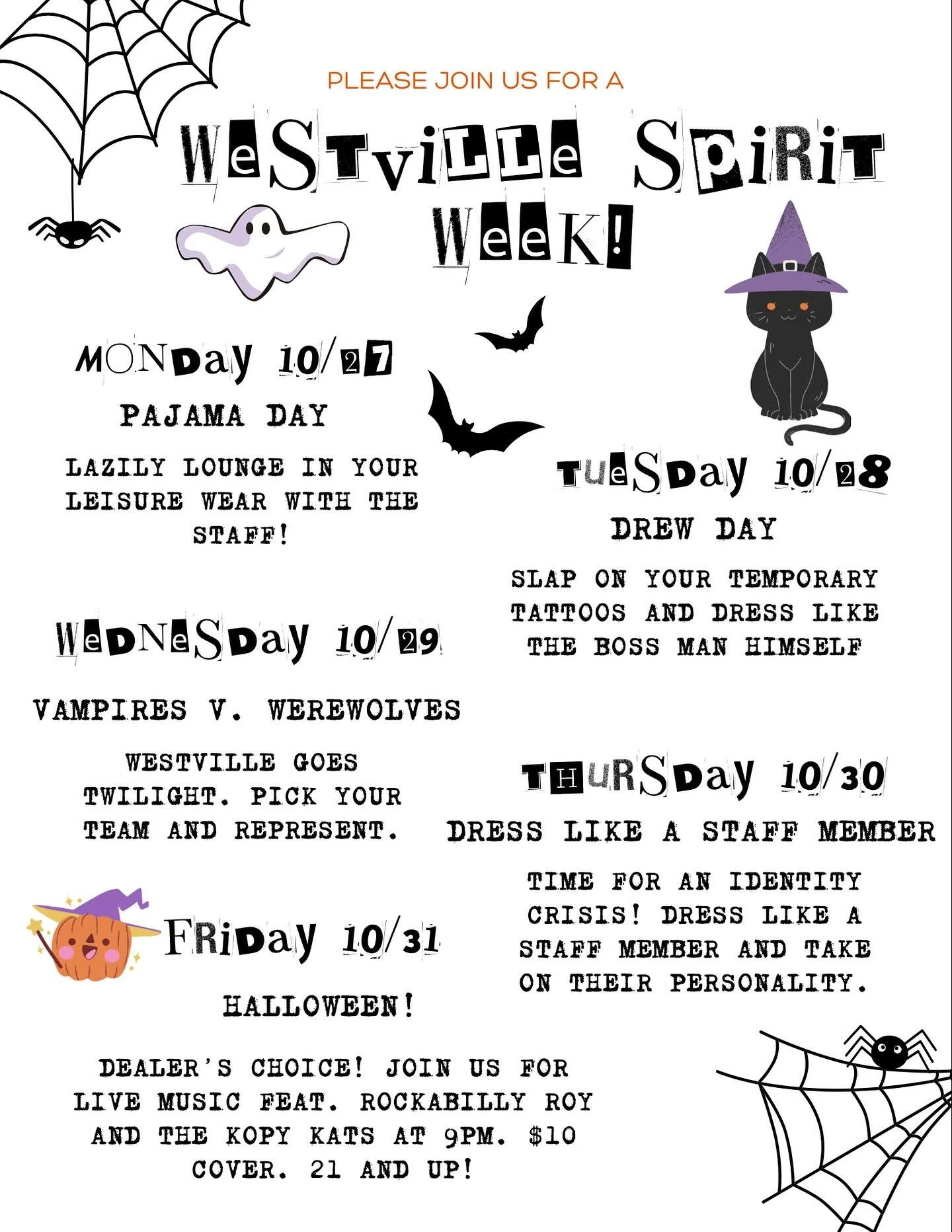 🎃☠️SPIRIT WEEK IS BACK!!!👽👻 come dress up with the staff all week long leading up to our big Halloween Bash on Friday featuring live music from @rockabillyroyandthekopykats !!! Music starts at 9pm, 21 and up $10 cover at the door👹🎃

#onhaywood #