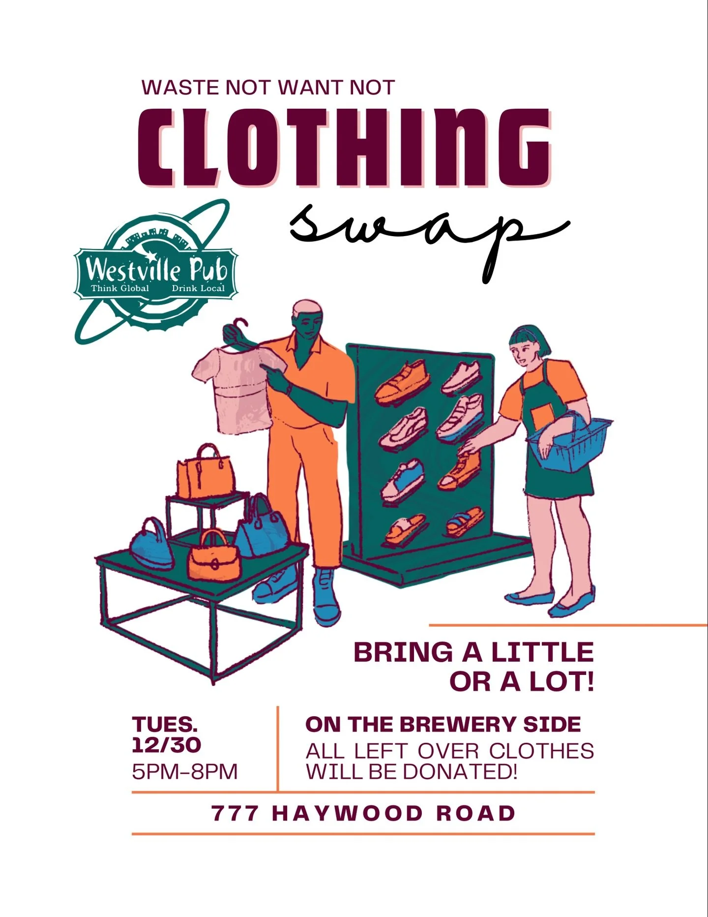 Did you get an ugly sweater from your grandma or do you just have a bunch of clothes that didn&rsquo;t work for you this season? Come join us from 6pm-8pm on the brewery side this TUESDAY for a free for all clothing swap!!!🤘🏽🤘🏽🤘🏽