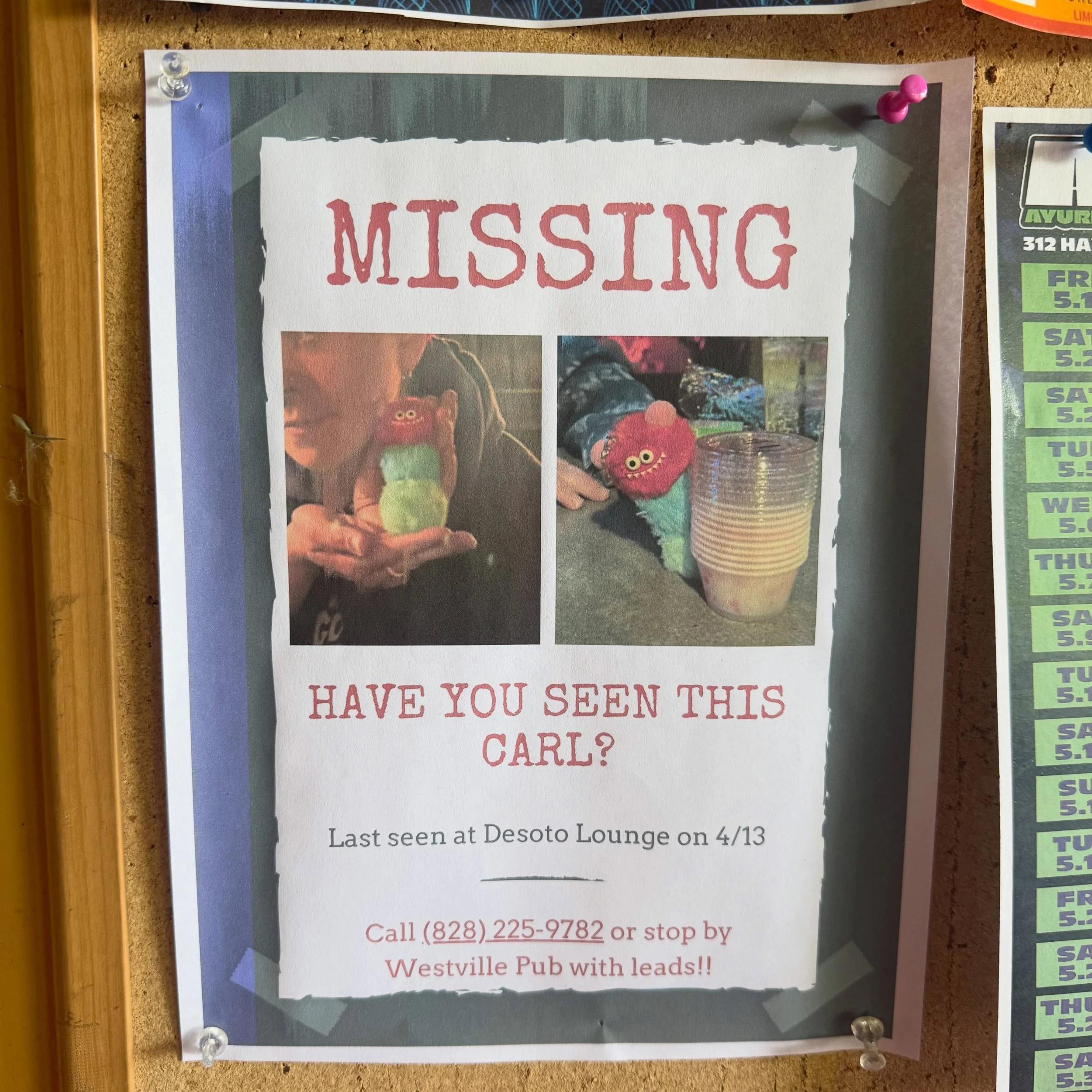 Westville Pub needs your help! One of our beloved pub mascots has gone missing on Haywood😳Her name is Carl, she&rsquo;s 3 1/2 inches tall and very friendly. Do not chase and if you have any Jell-O shots you can offer she will likely approach