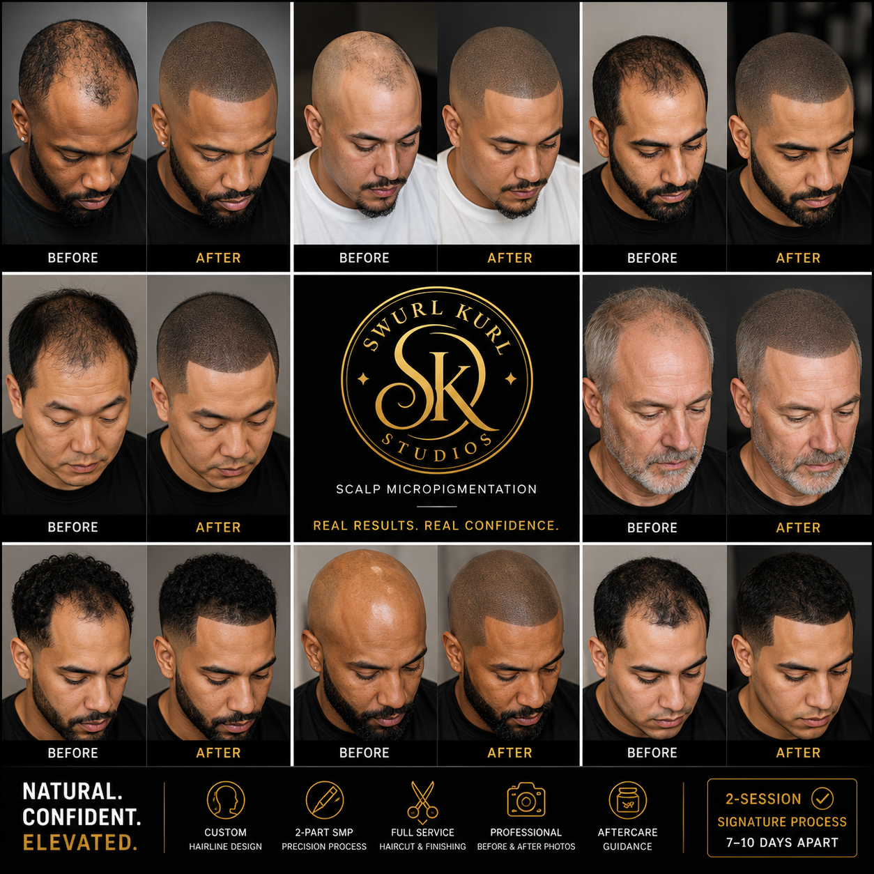 Collage of before and after photos showing scalp micropigmentation results for men of different ages and hair types, with the logo of Swurl Kurl Studios and text emphasizing natural, confident, and elevated results through a two-session process.