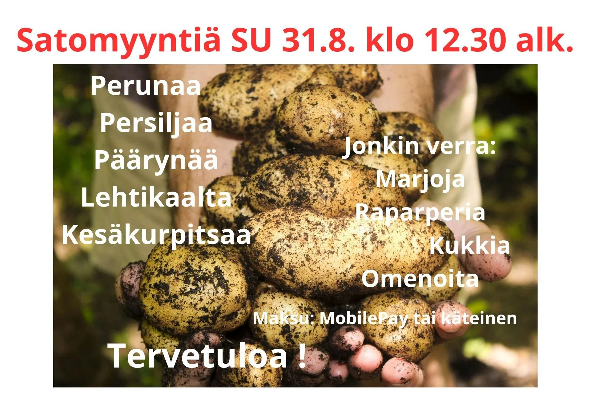 Satomyyntiä POP-UP-tyyliin Sunnuntaina 31.8. klo 12.30 alkaen.