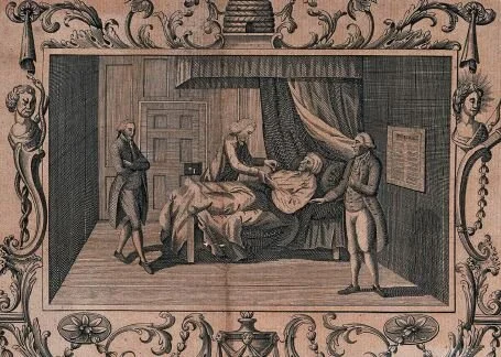 A man in a bed, being attended to by three men. Engraving Welcome collection. Attribution 4.0 International (cc by 4.0)