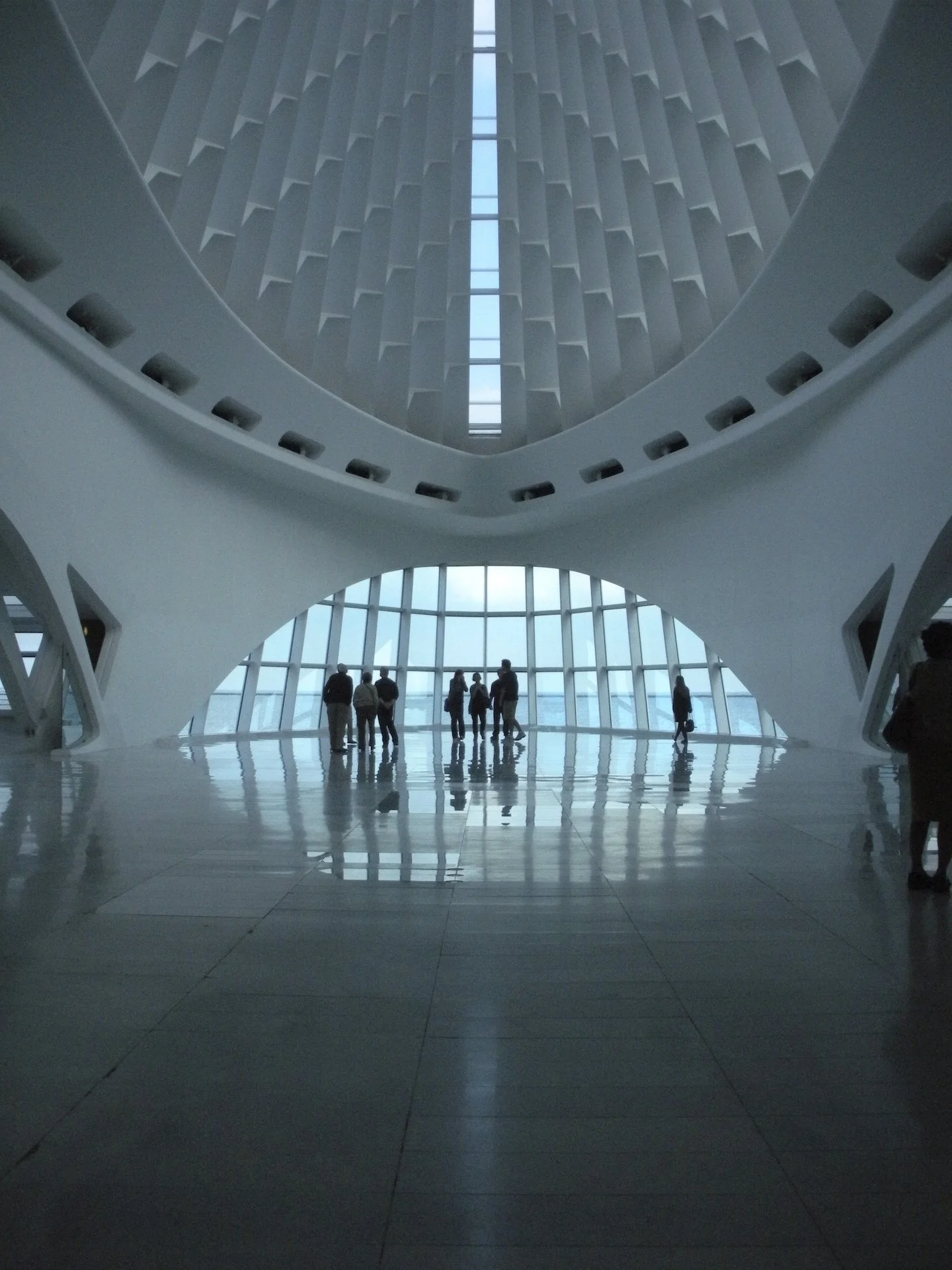 Light-filled atrium beneath the structural ribs of the Milwaukee Art Museum.