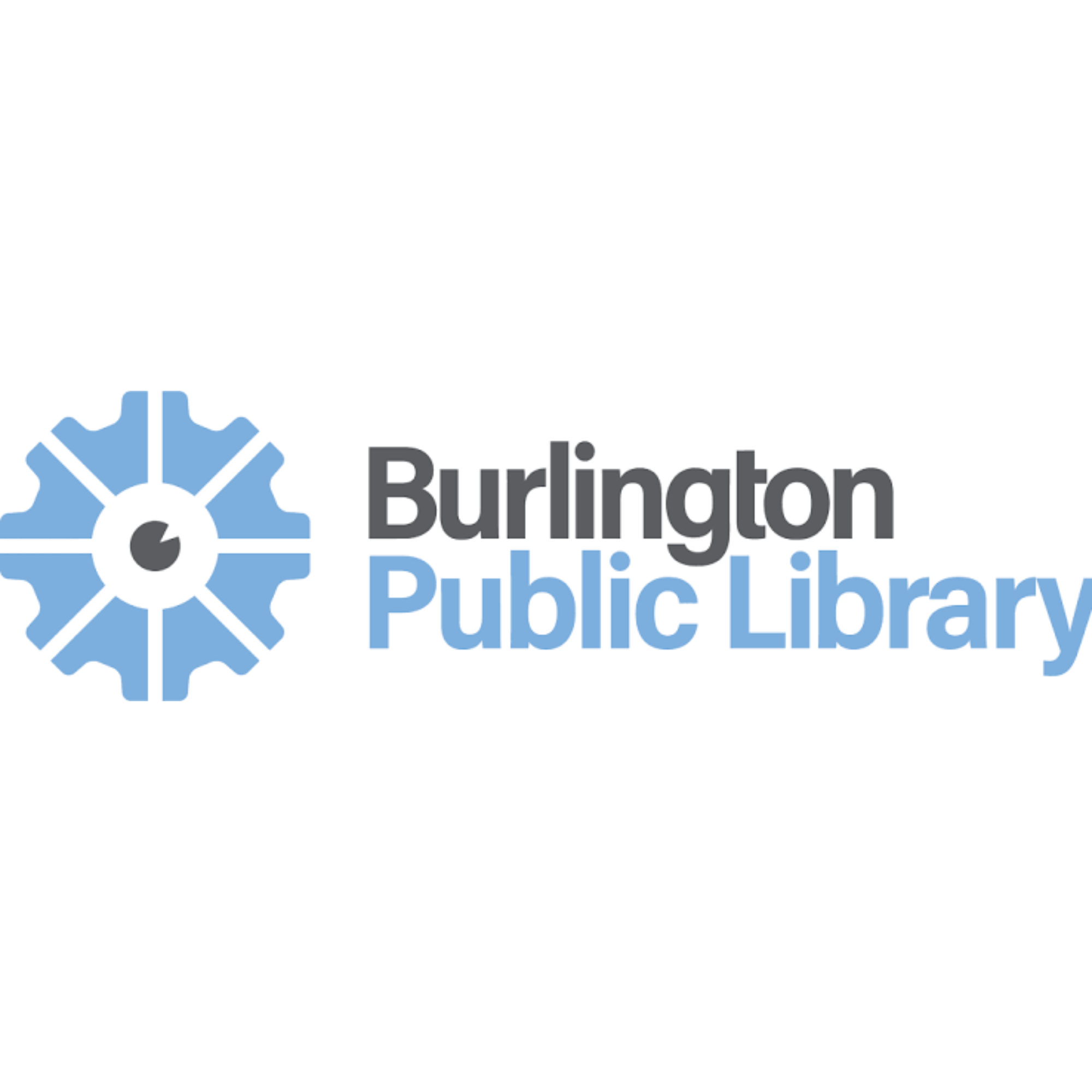 Burlington Public Library logo with stylized book wheel icon.