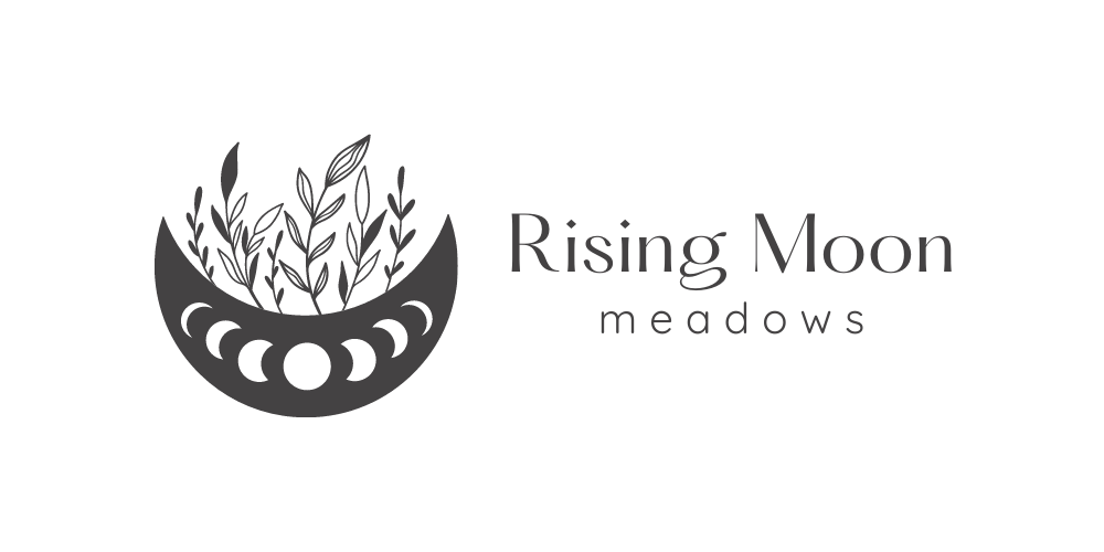 Logo featuring crescent moon with plant silhouettes and text 'Rising Moon Meadows'.