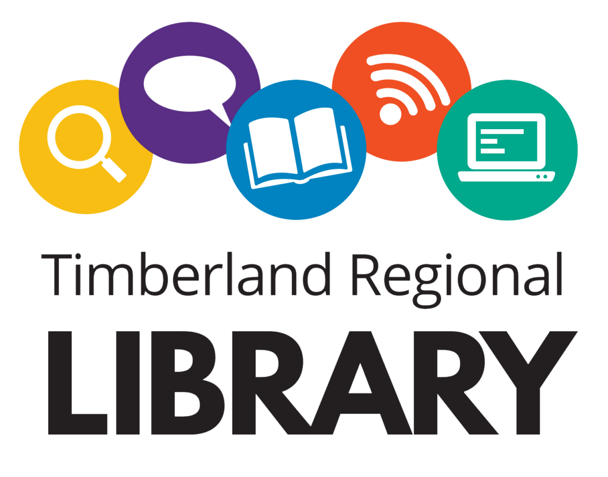 Timberland Regional Library logo with icons of a magnifying glass, speech bubble, book, wireless signal, and computer.