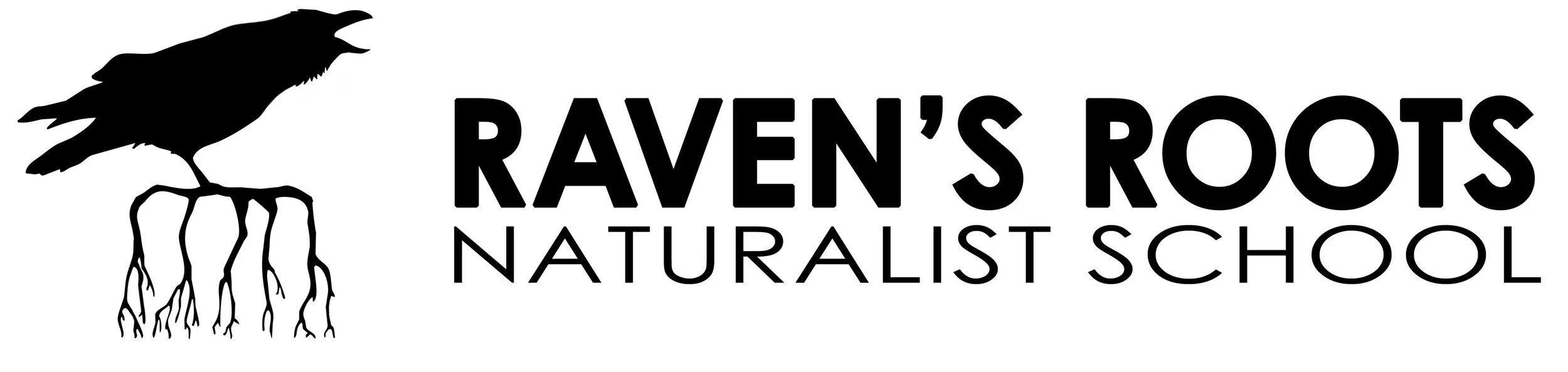Silhouette of a raven with roots incorporated into its legs, alongside the text "Raven's Roots Naturalist School."