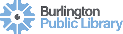 Burlington Public Library logo with stylized book wheel icon.