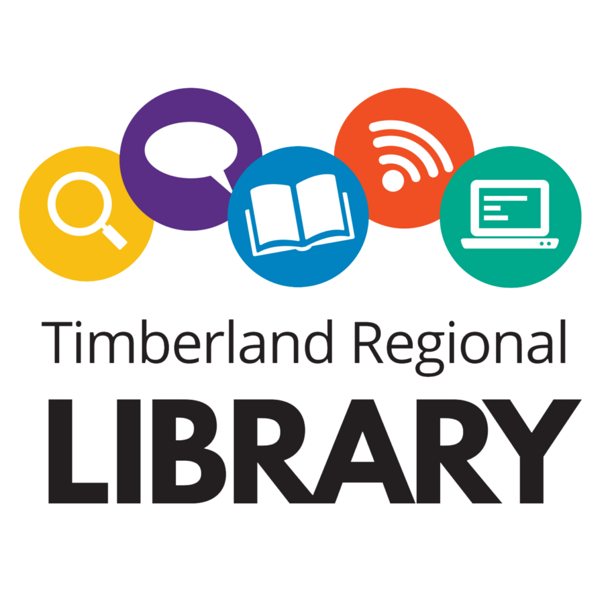 Timberland Regional Library logo with icons of a magnifying glass, speech bubble, book, wireless signal, and computer.