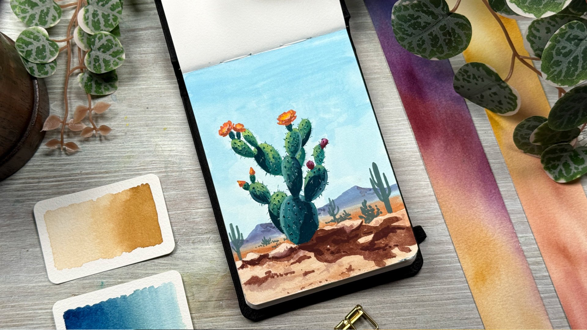 A flowering prickly pear cactus in the desert with long shadows gouache painting