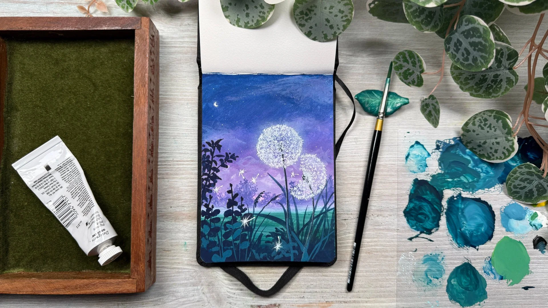 Two dandelions glowing under a starry night sky gouache painting