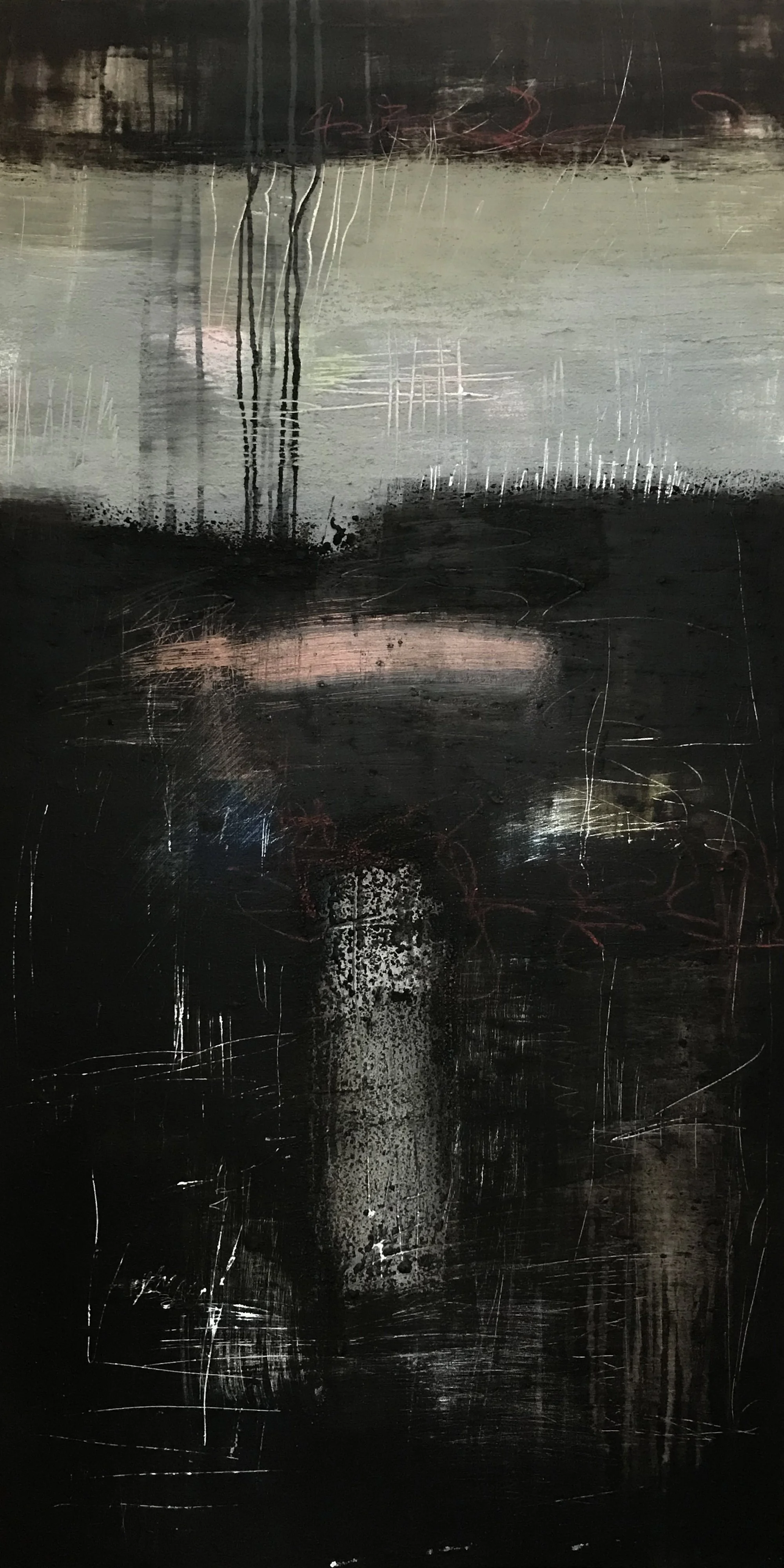 The Breath Of Memory, Dubious At Best, 48" x 24,"  Acrylic, Ink, Wax, Impasto, Acrylpro, Charcoal, Pastel On Canvas, 2026