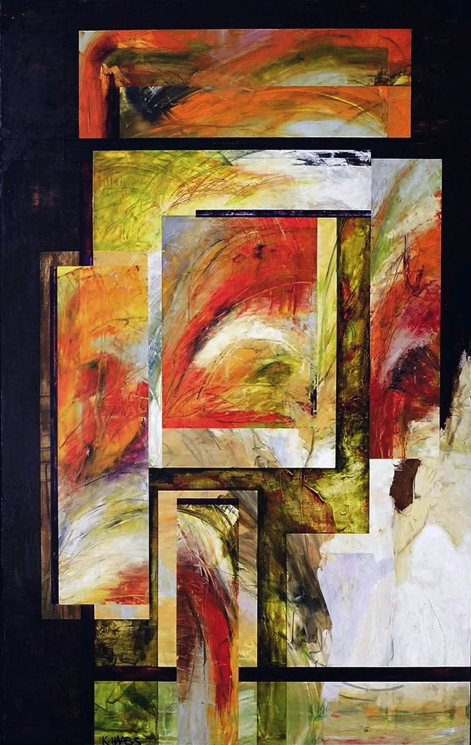 Abstract painting with rectangles in red, yellow, orange, green, and black colors.