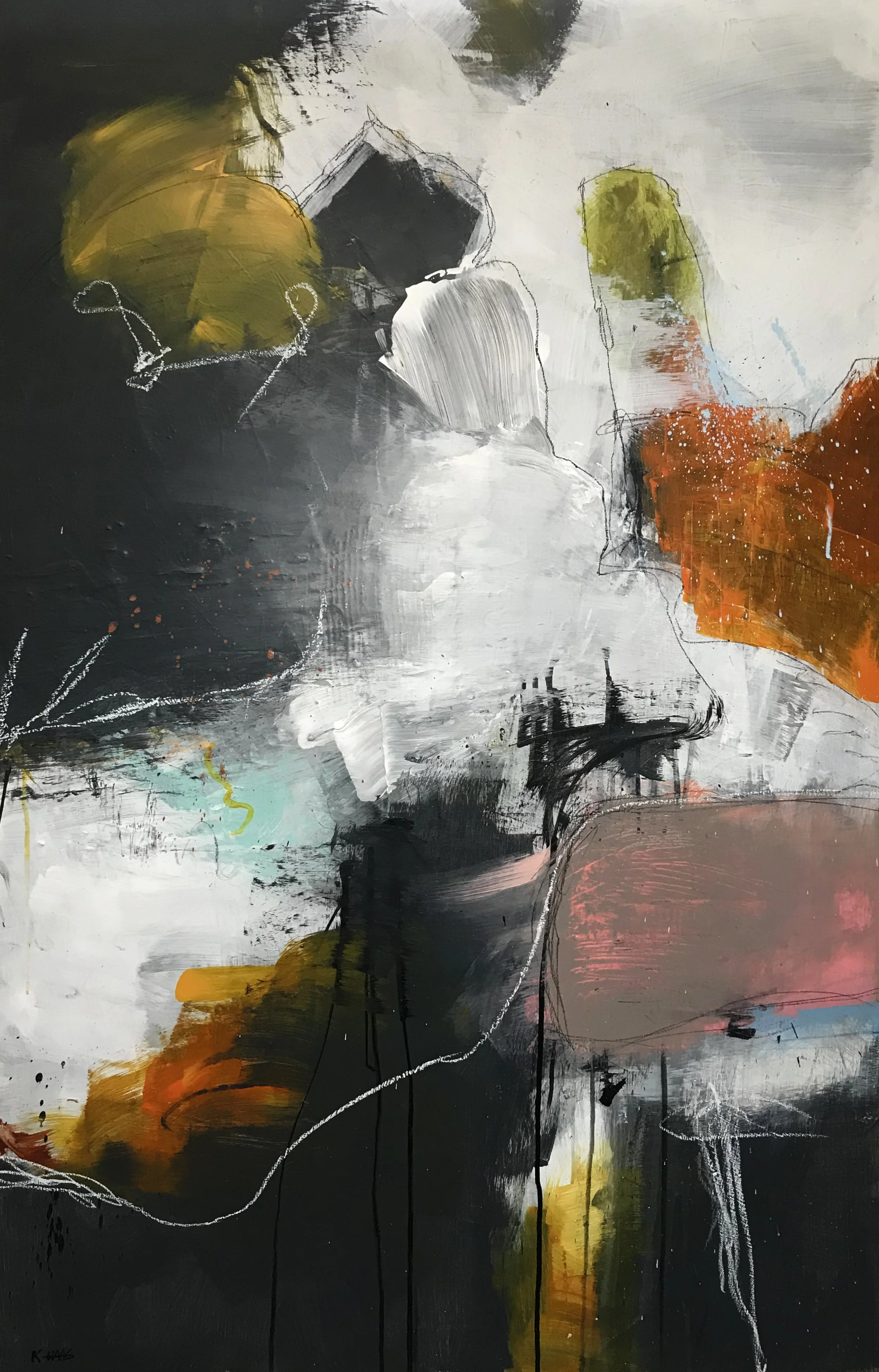 Of & Being, Fellow People, 48" x 30,"  Acrylic, Ink, Pastel On Canvas