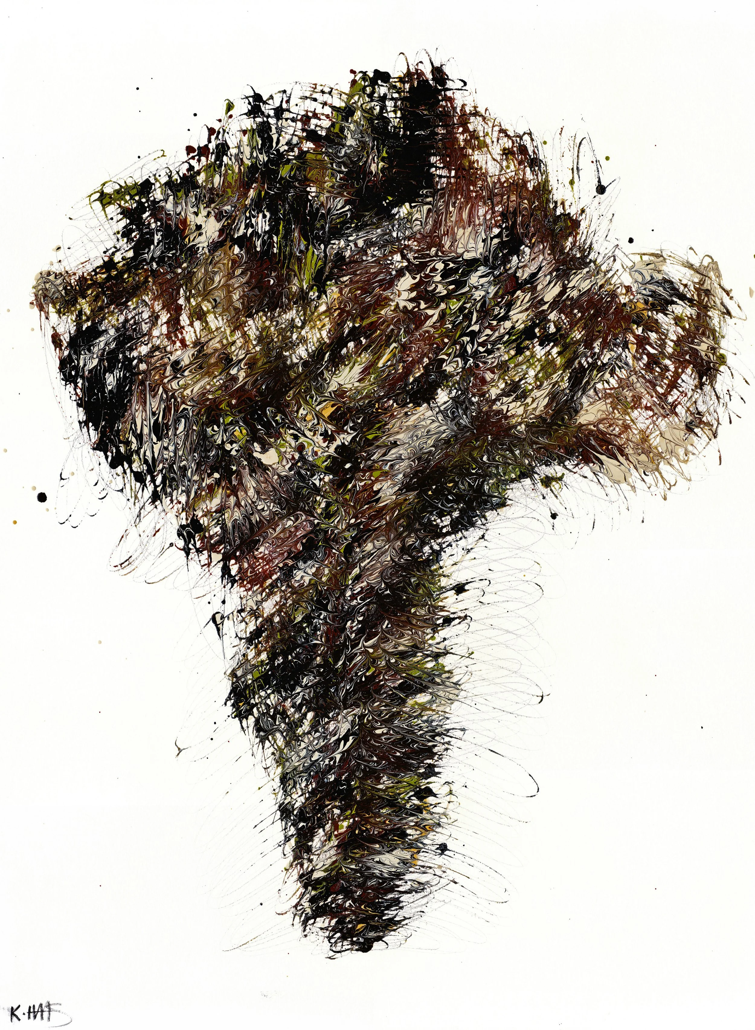 Abstract painting of a tornado using swirling brushstrokes of dark and earthy colors on a white background.