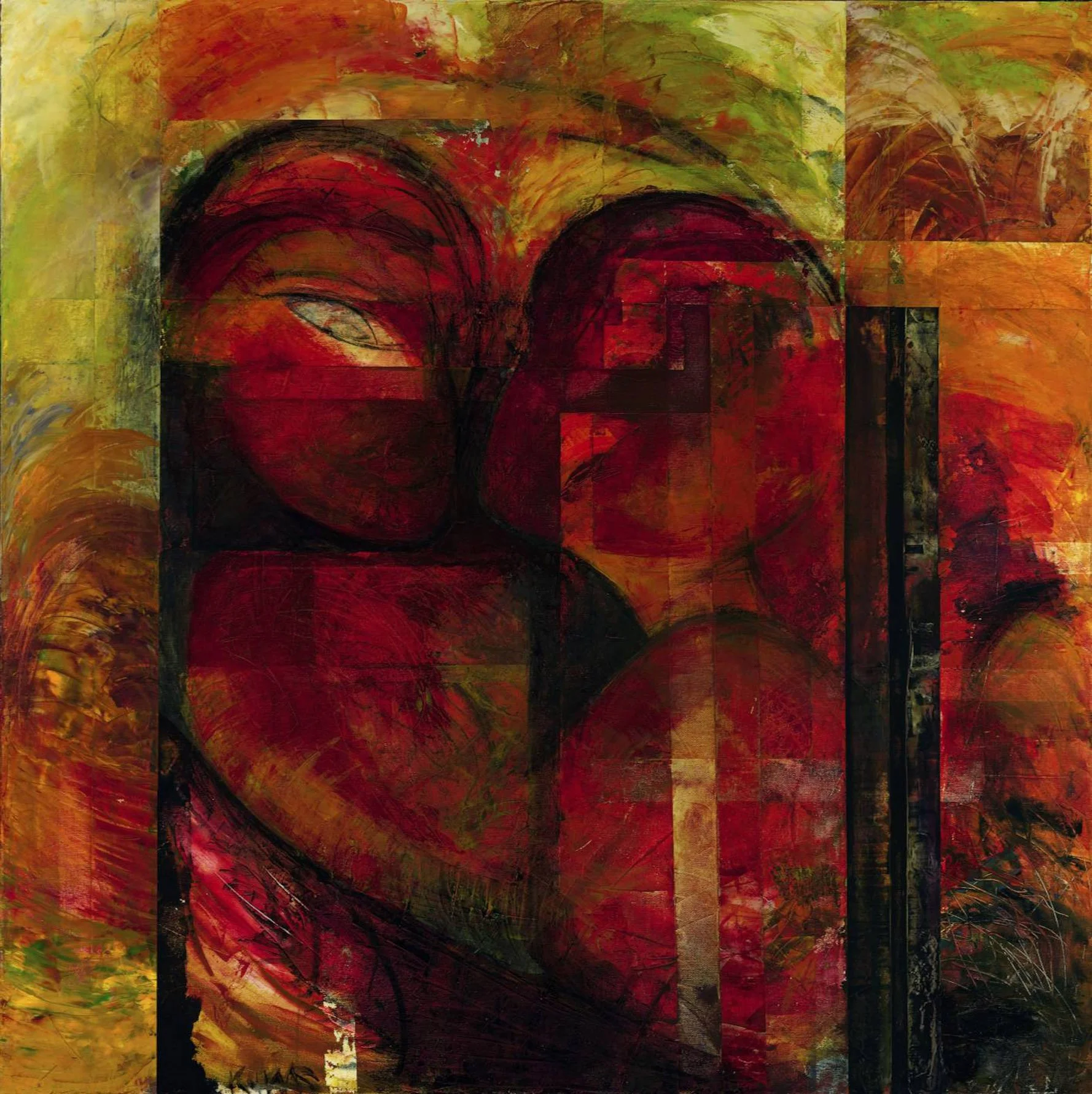 Abstract painting of two faces in red, black, orange, and yellow with expressive brushstrokes and geometric shapes.